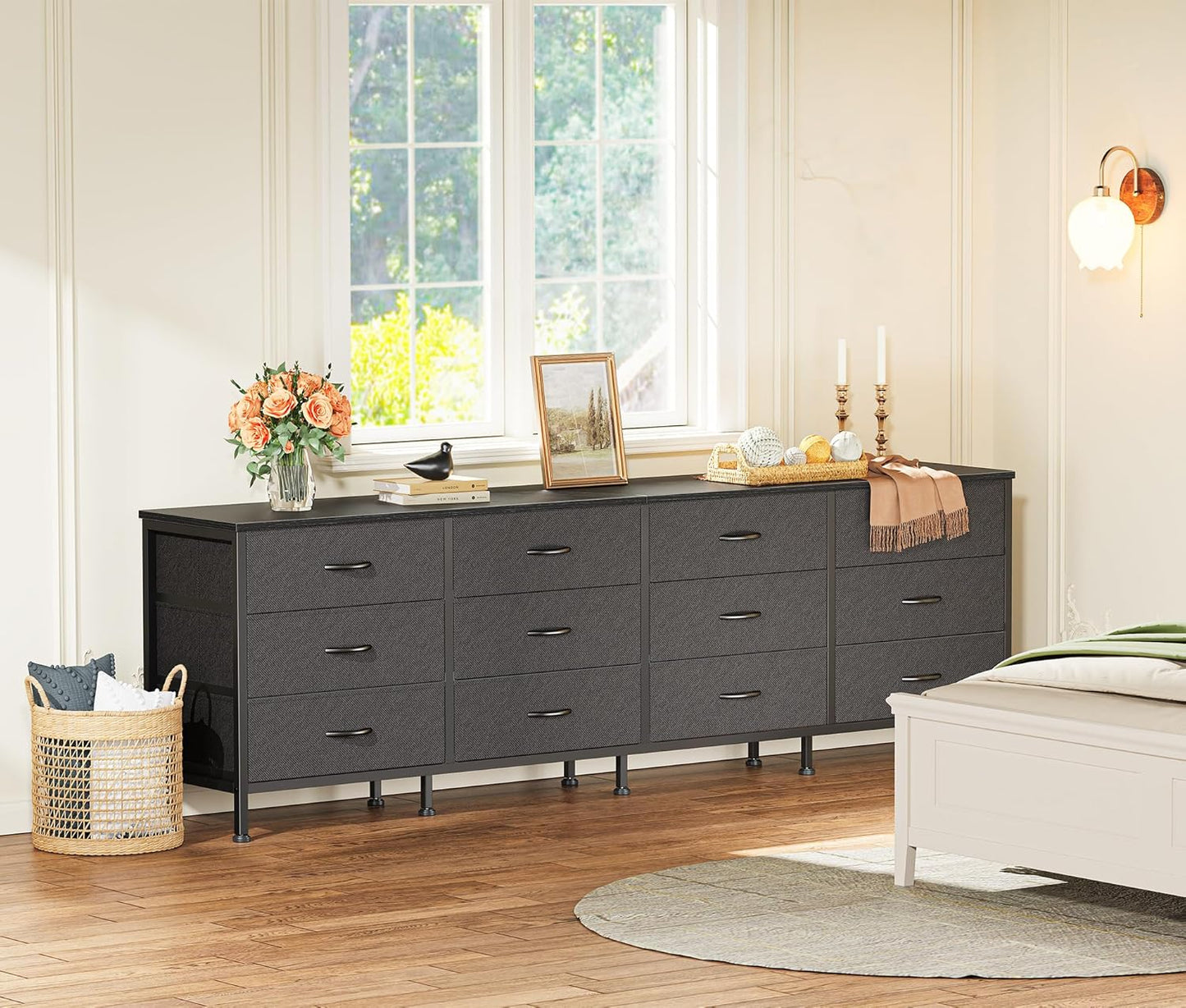 70-Inch Black Dresser and TV Stand for 65-80 Inch TVs with 12 Fabric Drawers - Wide Storage Chest for Bedroom and Living Room