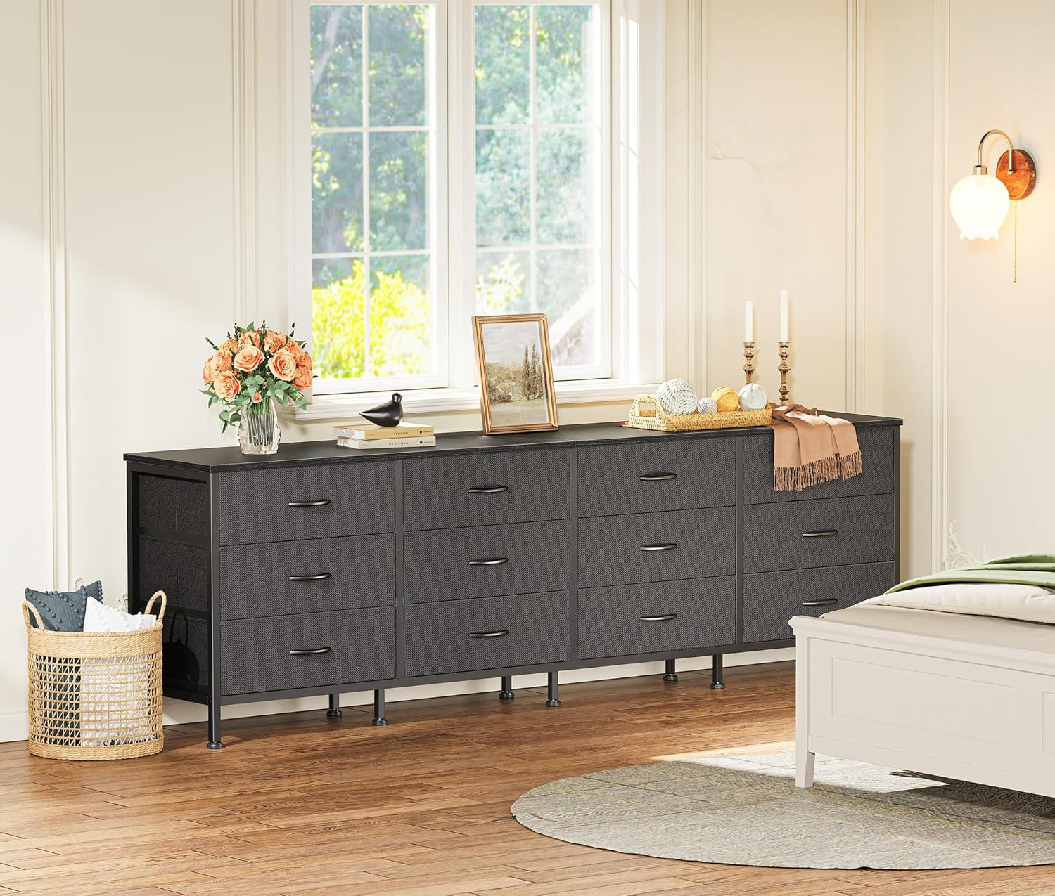 70-Inch Black Dresser and TV Stand for 65-80 Inch TVs with 12 Fabric Drawers - Wide Storage Chest for Bedroom and Living Room