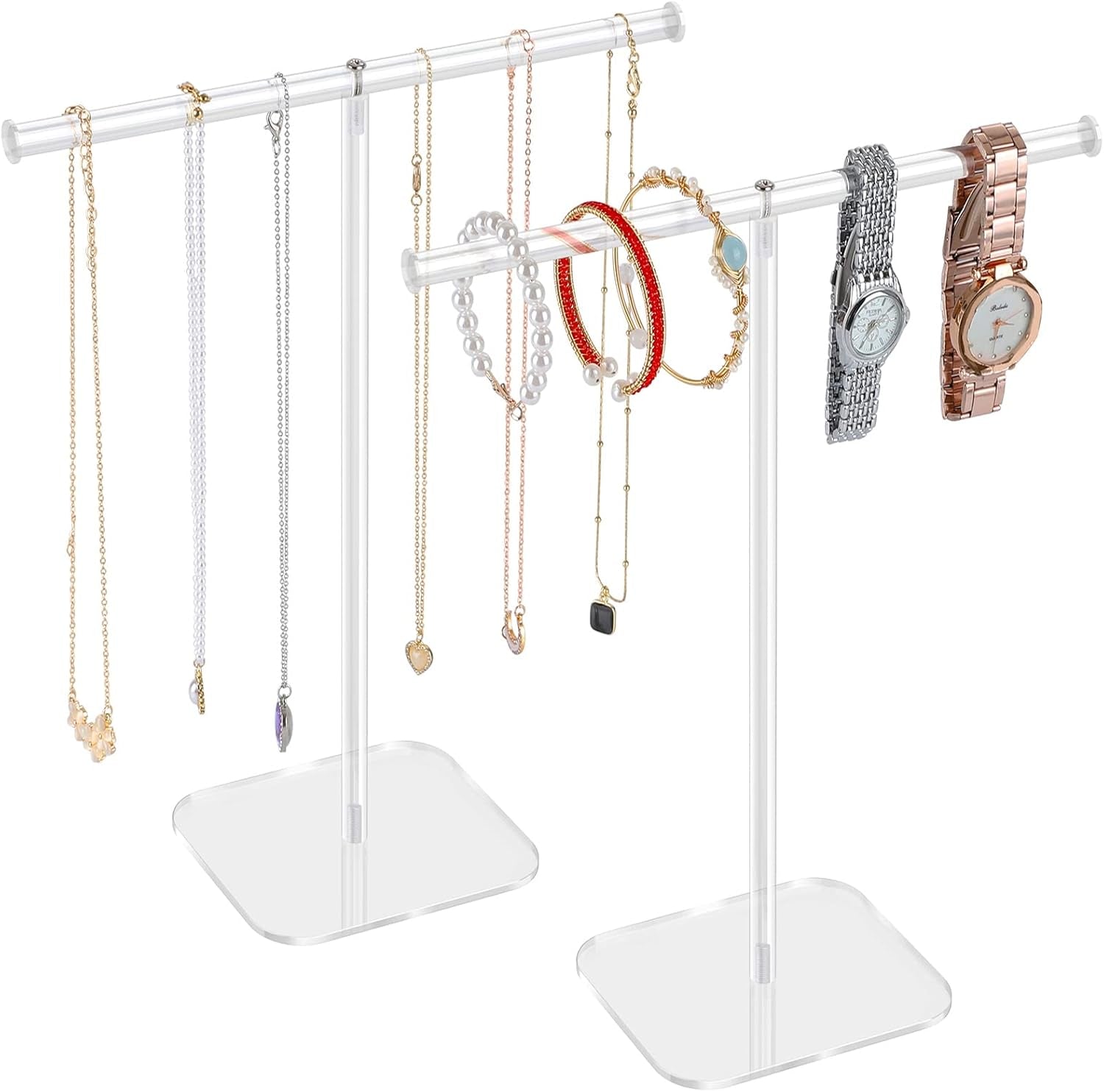 Jewelry Stand Necklace Stand 2 Tower, Clear Necklace Holder Jewelry Holder, Acrylic Jewelry Organizer, Bracelet Hanging Organizer, Display Stand for Bangles, Rings, Earrings and Watch