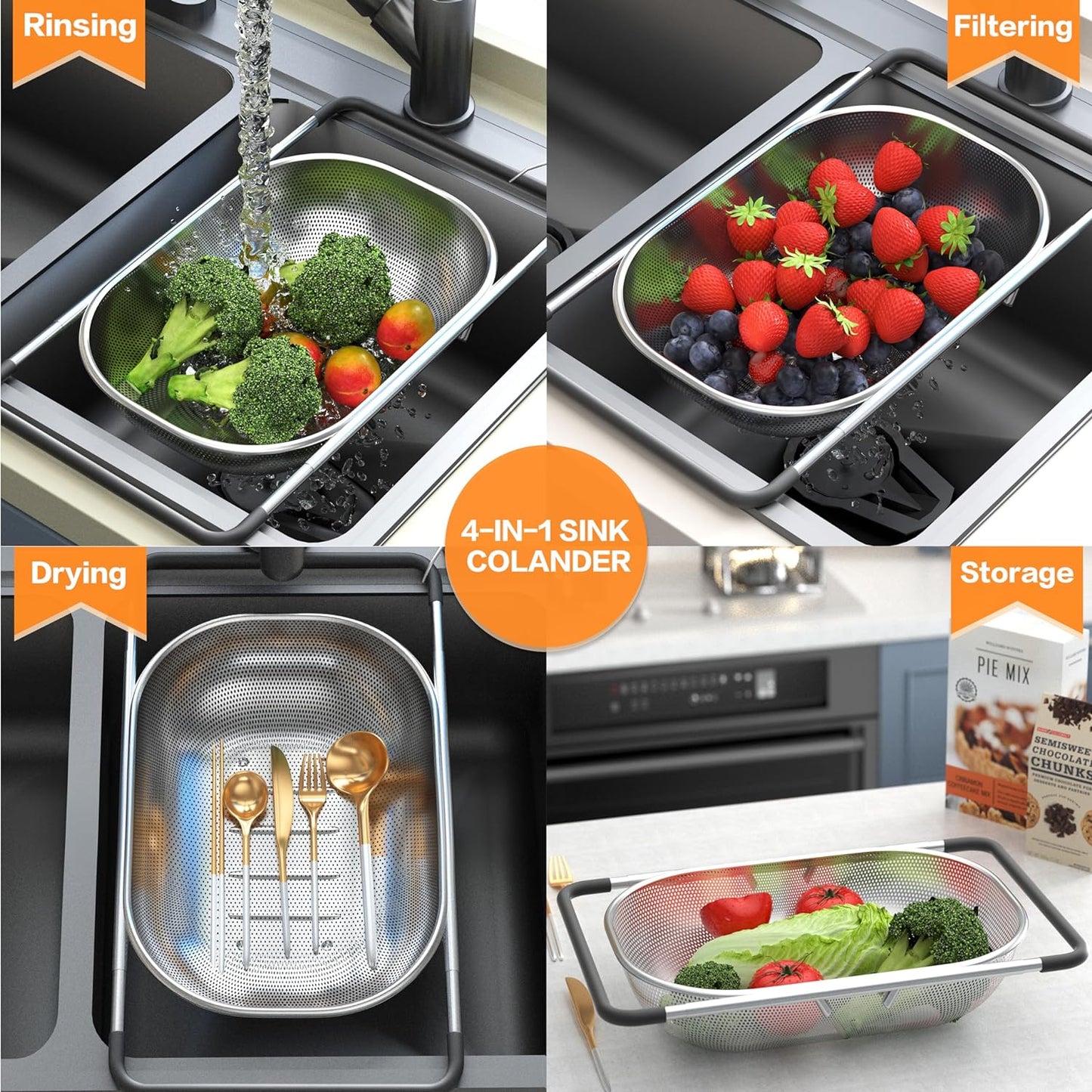 Expandable Over-the-Sink Colander with Rubber Grip - Fine Mesh Strainer for Vegetables, Fruits, and Pasta - Essential Kitchen Tool (9.5W x 13.4-21.3L x 3.3H)