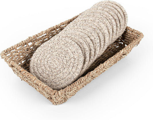 12 Pcs Handmade Woven Coasters for Drinks, Absorbent and Insulating Cotton Coasters with Seagrass Basket Holder Set, Boho Perfect for Coffee Table and Home Decor