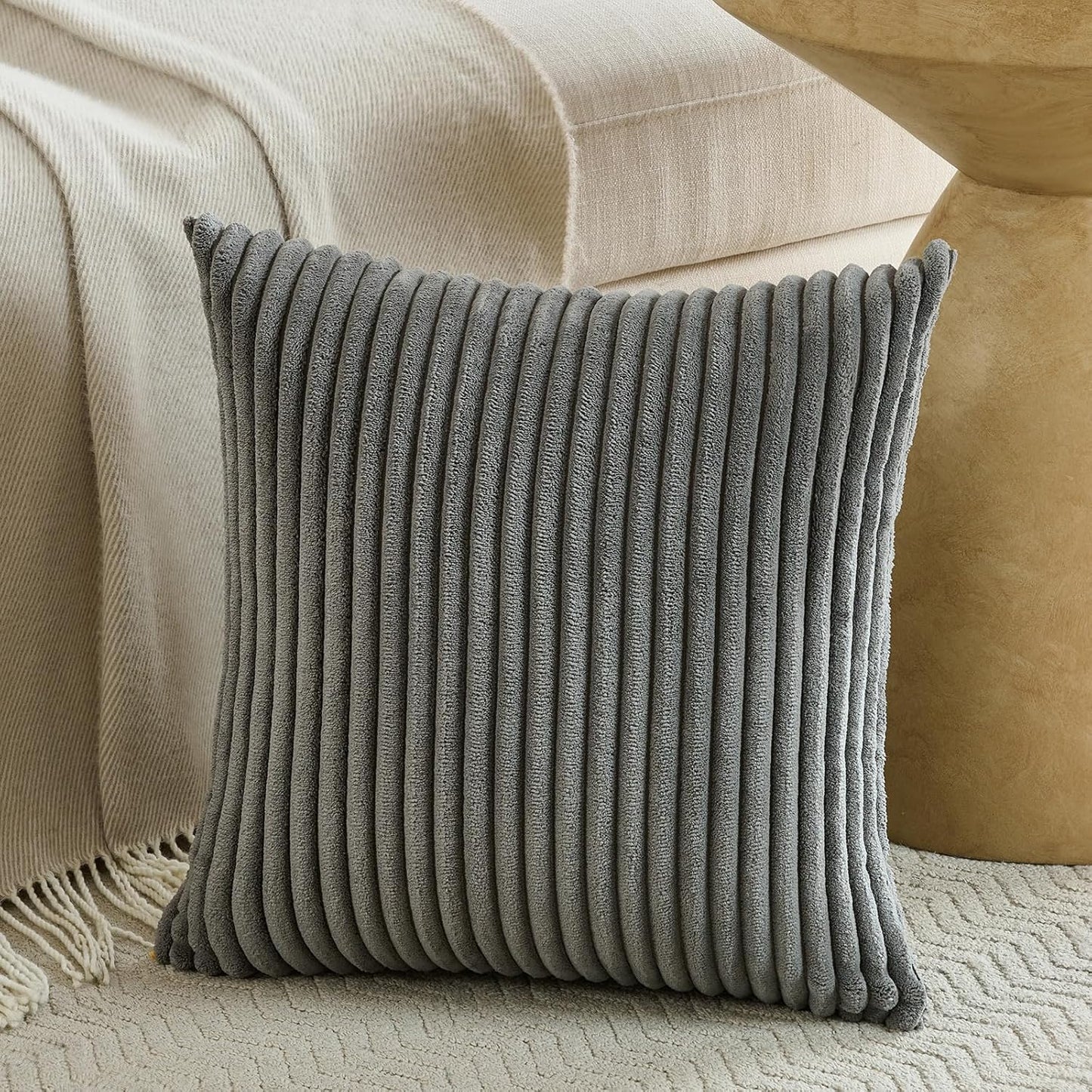 Set of 2 Dark Gray Boho Decorative Throw Pillow Covers 16X16 Inch for Couch Bed Sofa, Aesthetic Modern Bohemian Room Decor, Soft Fuzzy Fluffy Cozy Corduroy Textured Cushion Case 40X40Cm