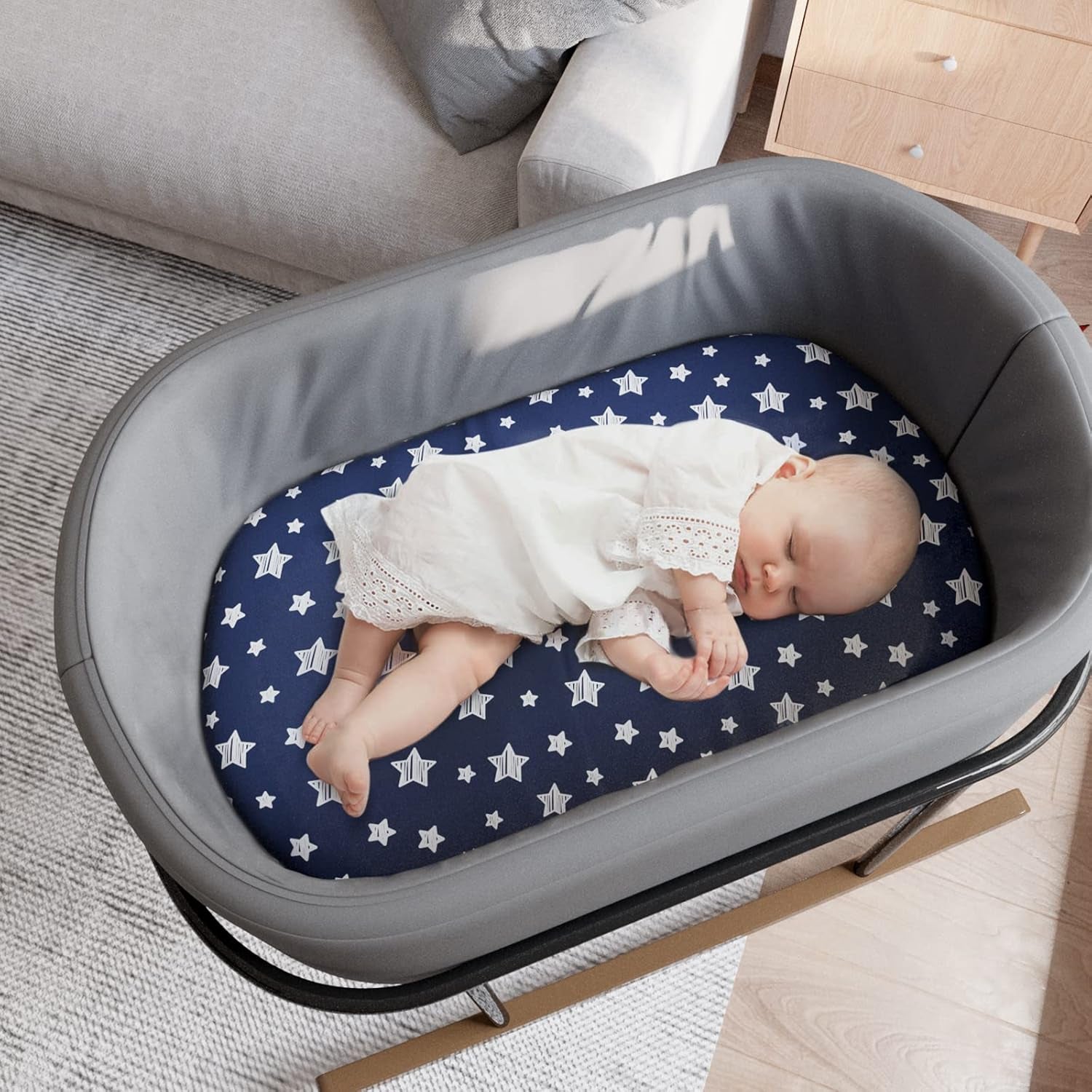 Bassinet Sheets & Waterproof Bassinet Mattress Pad Protector 4 Pack Set, Viscose Terry, Universal Fit for Oval, Hourglass and Rectangular Mattress, Grey & Navy