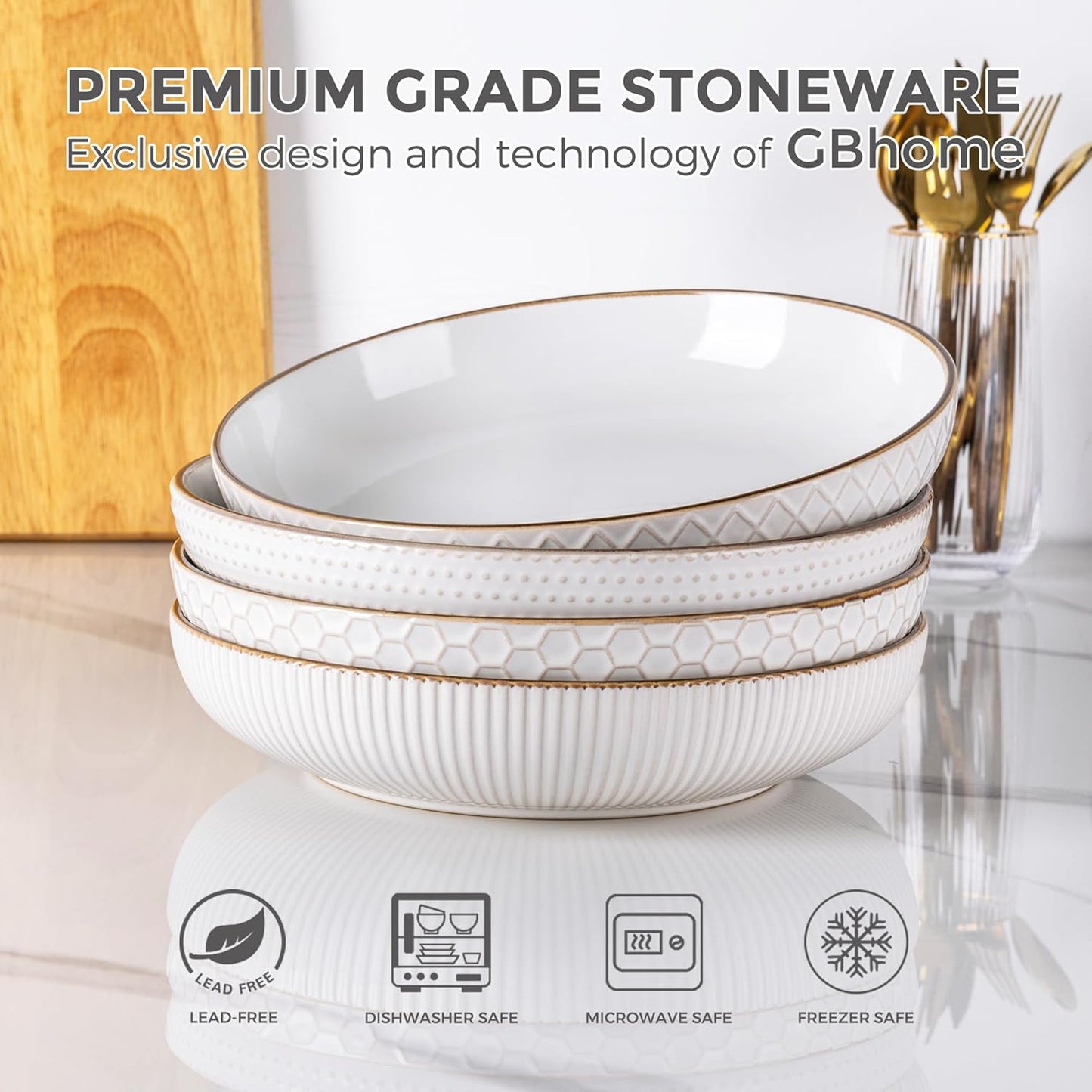 Set of 4 Off-White 9.5'' Large Stoneware Pasta and Salad Bowls - 42 Ounce Ceramic Serving Bowls with Textured Design for Pasta, Fruit, Stews, and Noodles - Ideal Housewarming Gift