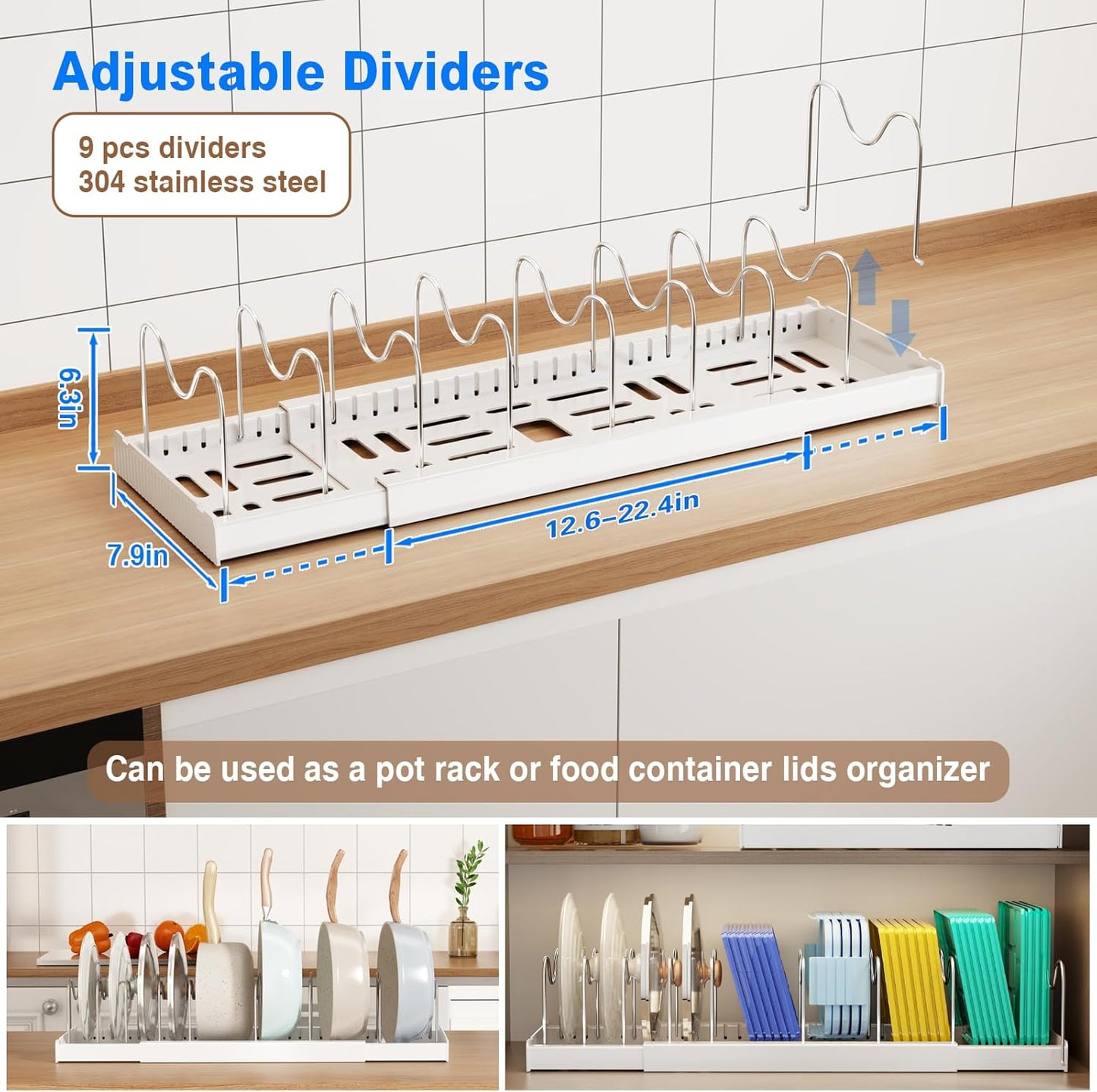 Pots and Pans Organizer under Cabinet, 22" Expandable Food Storage Container Lid Organizers with 9 Adjustable Dividers Pot and Pan Lid Holders Rack inside Cabinet/Countertop(1 Pack, White)