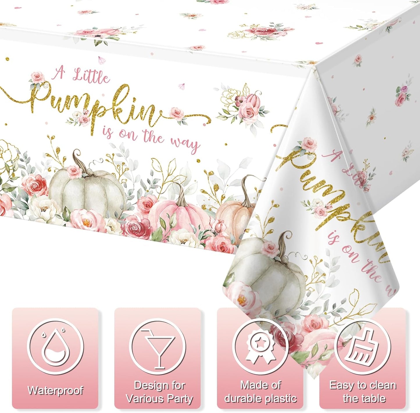 3Pcs 108X54Inch a Little Pumpkin Is on the Way Plastic Tablecloths, Floral Baby Girl Shower Tablecloth, Disposable Table Cover for Fall Baby Shower Gender Reveal Party Decorations