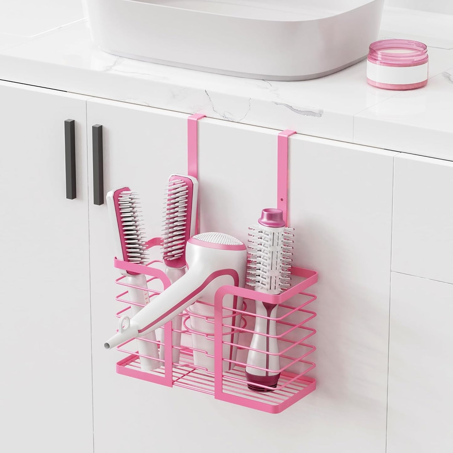 Pink Hair Dryer Holder - 3-Section Organizer for Hair Tools, Wall-Mounted/Cabinet Door Straightener Holder, Adjustable Height Metal Dryer and Curling Iron Organizer