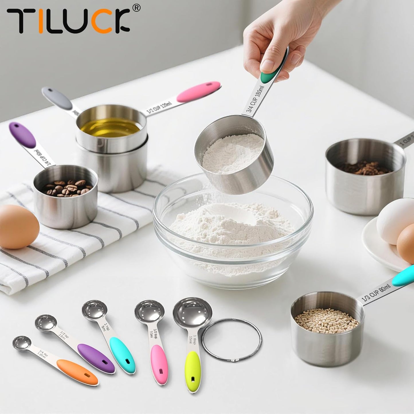 Measuring Cups and Spoons Set, Stainless Steel, Kitchen Utensils for Cooking and Baking (10, Colorful)