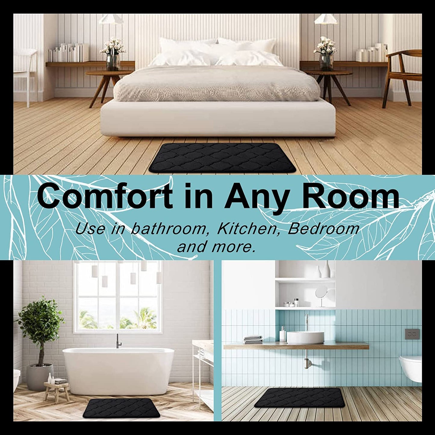 Memory Foam Bath Mat Set of 3 Piece, Bathroom Rugs and Toilet Rug U-Shaped, Ultra Soft and Absorbent, Comfortable, Non-Slip, Machine Washable, Shower and Home Decor Accessories, Black