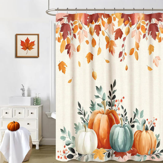 Autumn Pumpkin Fall Shower Curtain for Halloween Thanksgiving Harvest, Maple Leaf Floral Shower Curtain for Bathroom Decor, Polyester Waterproof Fabric, 72Wx72L Inch