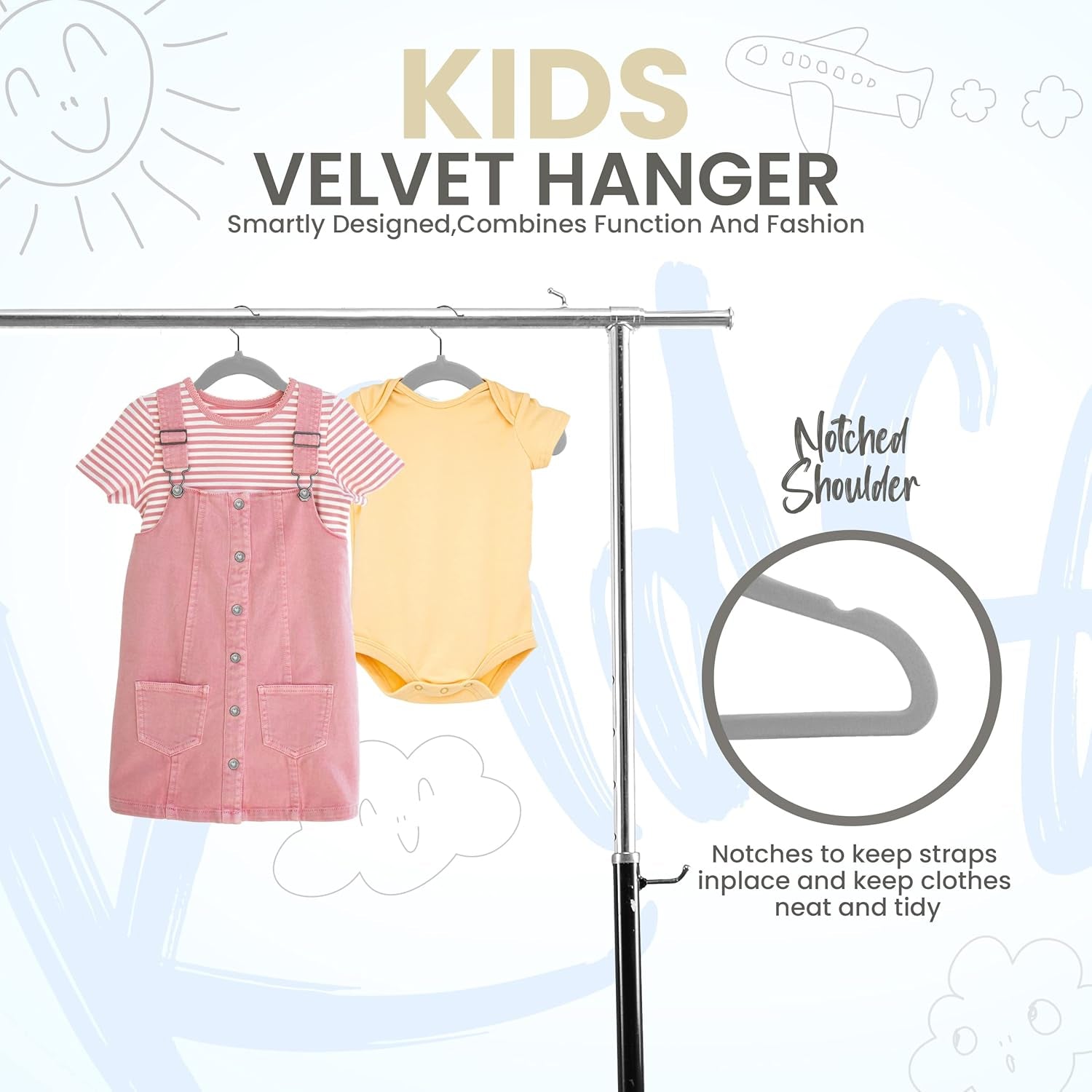 Kids Hangers Velvet (50 Pack) - 11 Inch Durable Baby Hangers for Closet - Perfect for Toddler & Non Slip for Everyday Use (Grey)