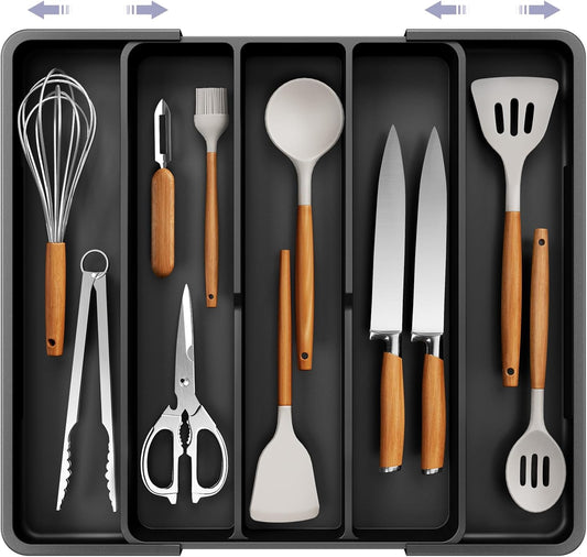 Expandable Silverware Organizer – Large Utensil Drawer Kitchen Organization with 5 Compartments, Easy-Clean, Home & Apartment Essentials, Black, 13.6" X 1.4"X 11.0"~19.9"