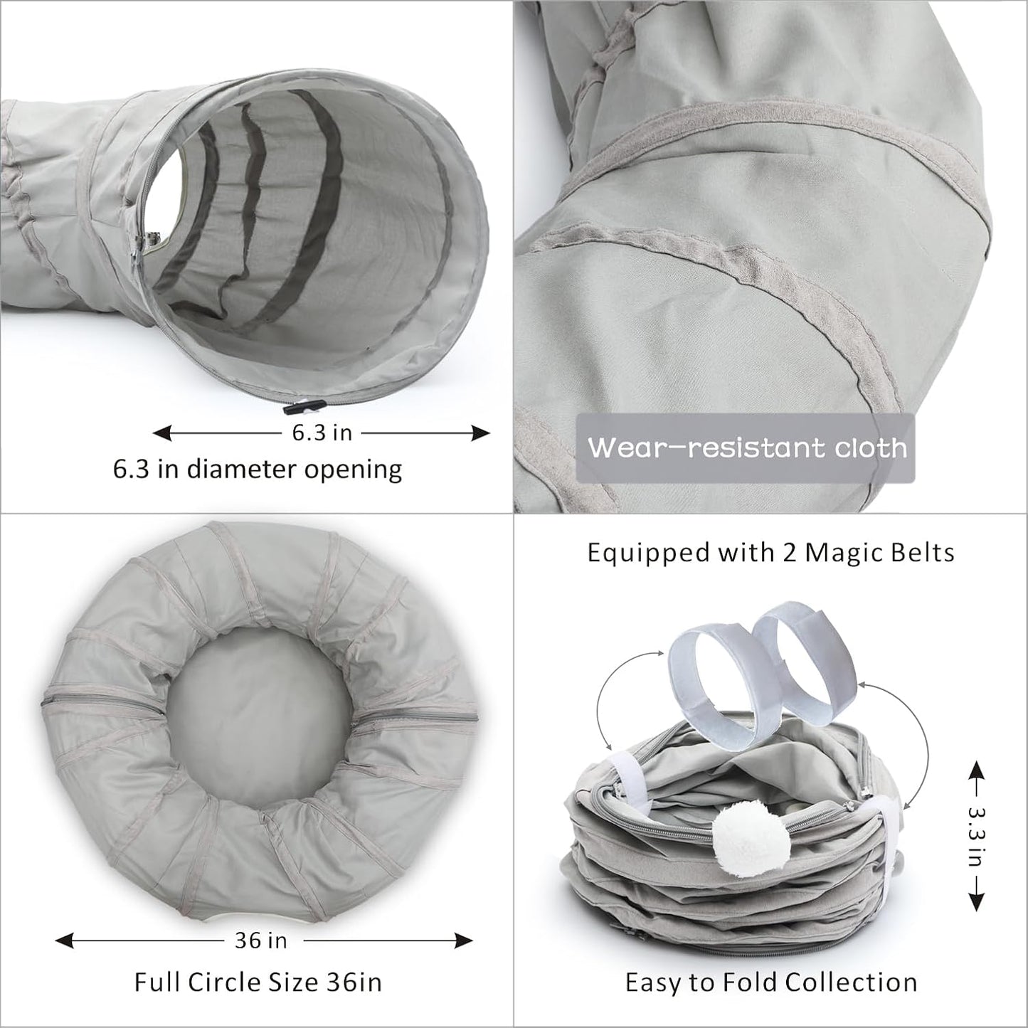 Cat Play Tunnel - round Cat Tunnel with Bed | Interactive Cat Toys for Indoor Cats Kitten Kitty Puppy Rabbit Ferret (Light Grey)