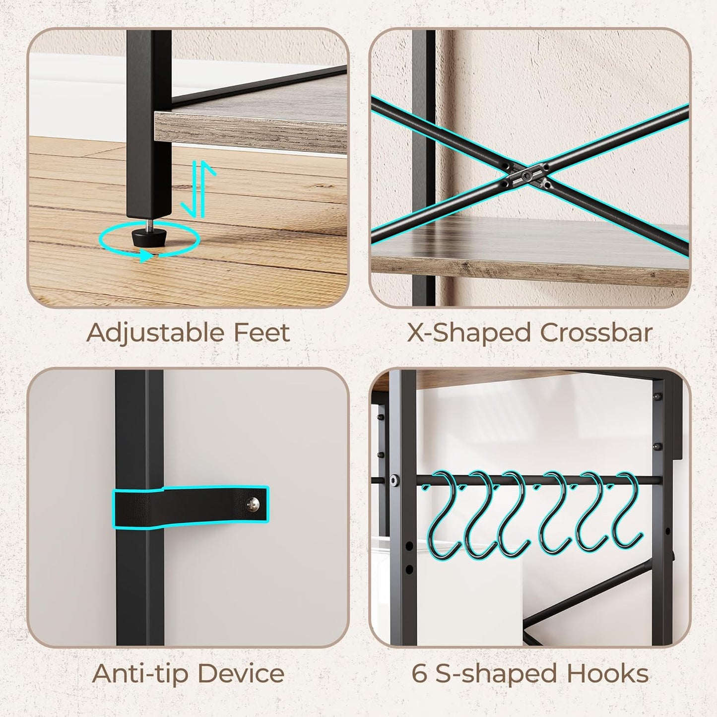 Professional Kitchen Bakers Rack with Power Outlet, Multi-Tier Coffee Bar Table, Microwave Stand, and Storage Shelf with S-Hooks - Greige