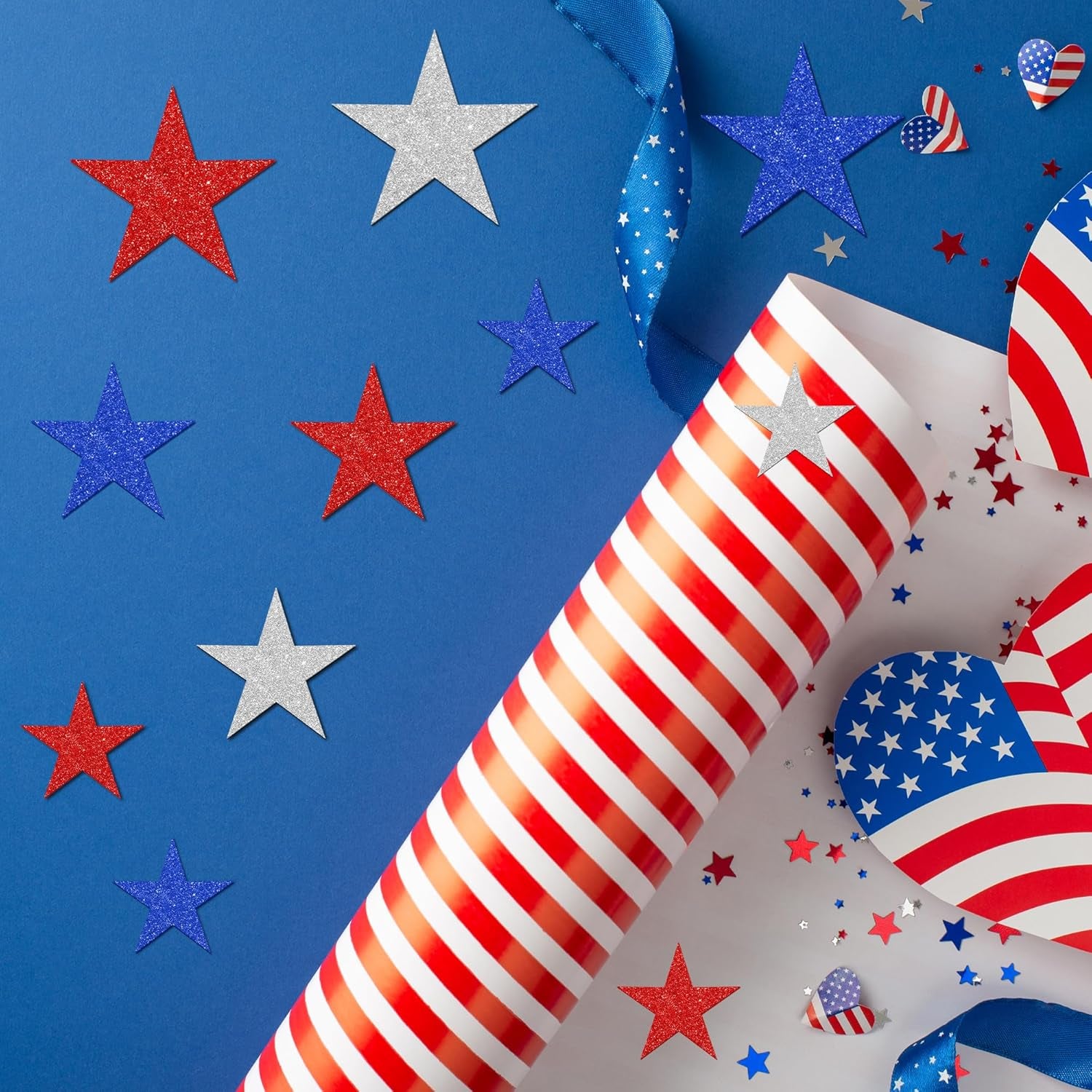 300 PCS 4Th of July Star Stickers, Red Silver and Blue Glitter Stickers, Patriotic Self Adhesive Foam Stickers for Fourth of July Parade Party Accessories Decor Memorial Day Arts Craft Supplies