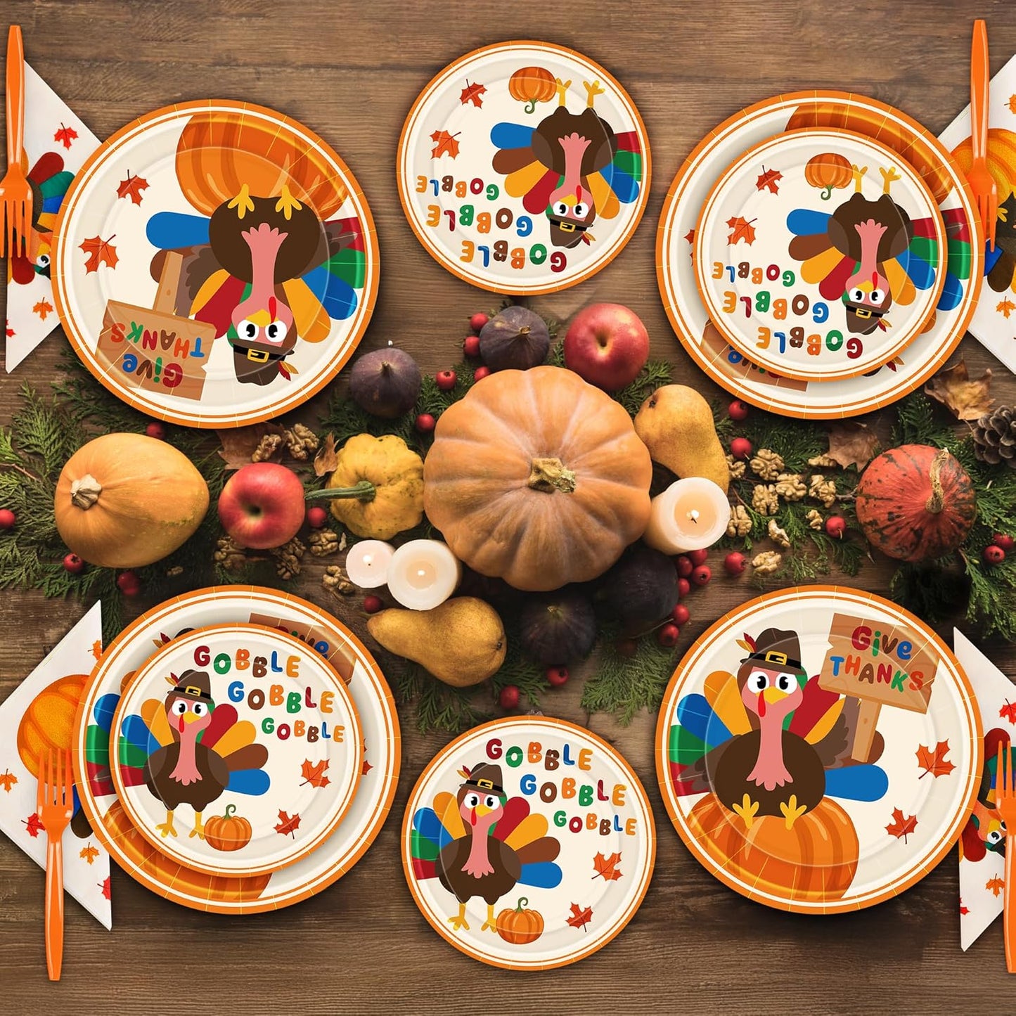 120 PCS Thanksgiving Plates and Napkins, Disposable Thanksgiving Paper Plates, 9" and 7" Fall Party Tableware, round Turkey Pumpkins Decorations for Harvest Banquet Decor Holiday Party Supplies