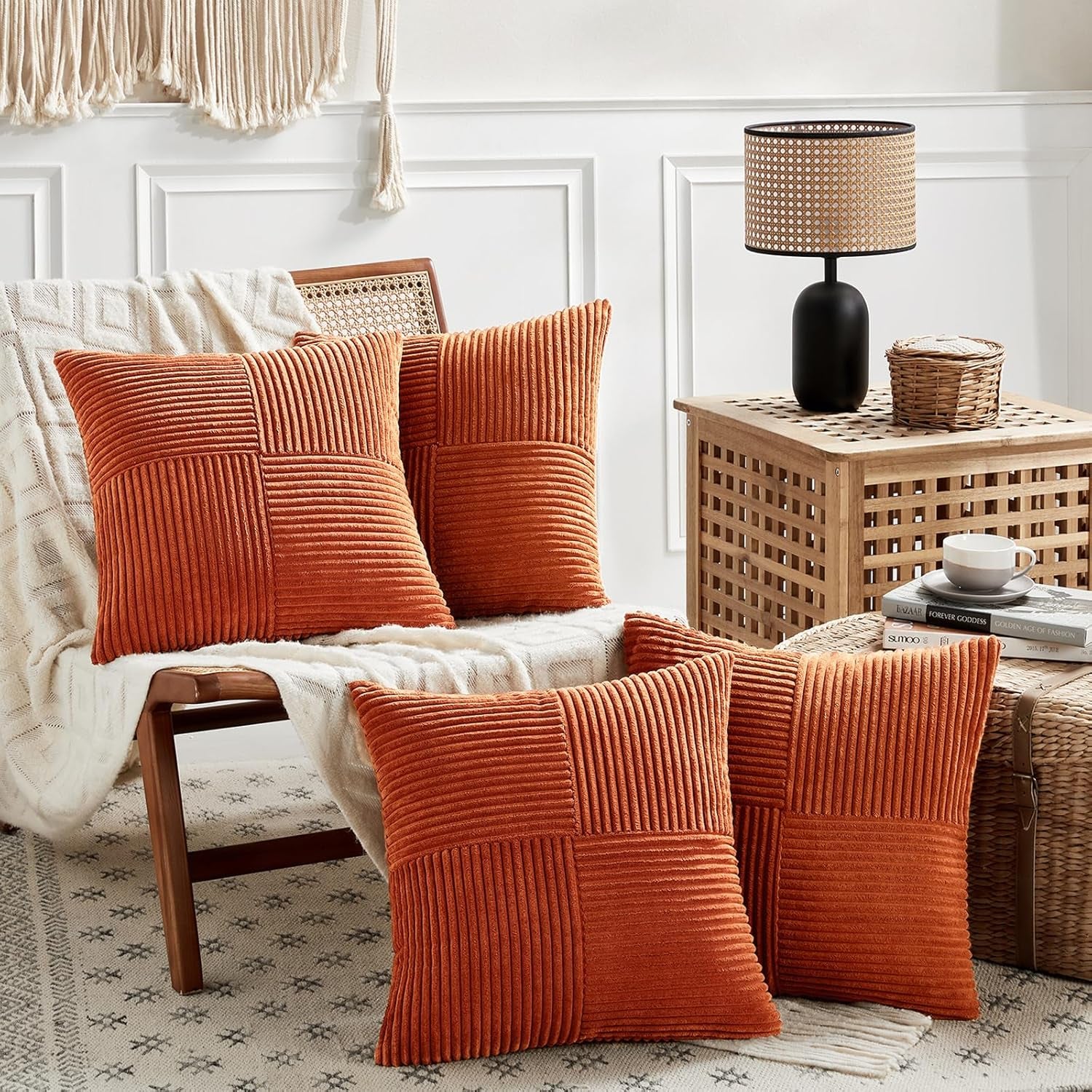 Set of 4 Burnt Orange Decorative Throw Pillow Covers 18X18 Inch for Living Room Couch Bed, Boho Farmhouse Fall Home Decor, Soft Textured Corduroy Cross Patchwork Cushion Case 45X45 Cm