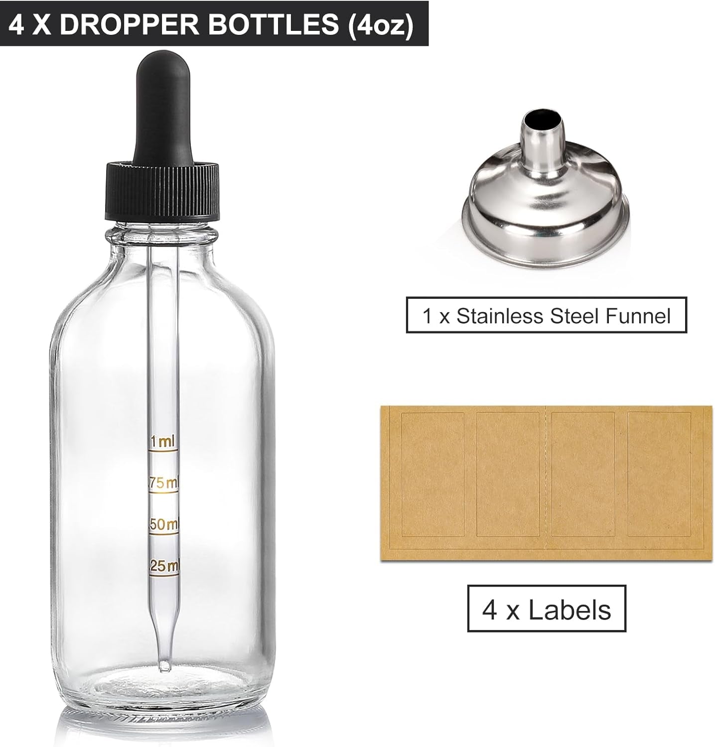 4 Pack 4Oz Glass Dropper Bottles with Measured Dropper - 120Ml Clear Tincture Bottles with Calibrated Glass Eye Droppers (1Ml), Leakproof Essential Oil Bottle for Health, Personal Care & Beauty