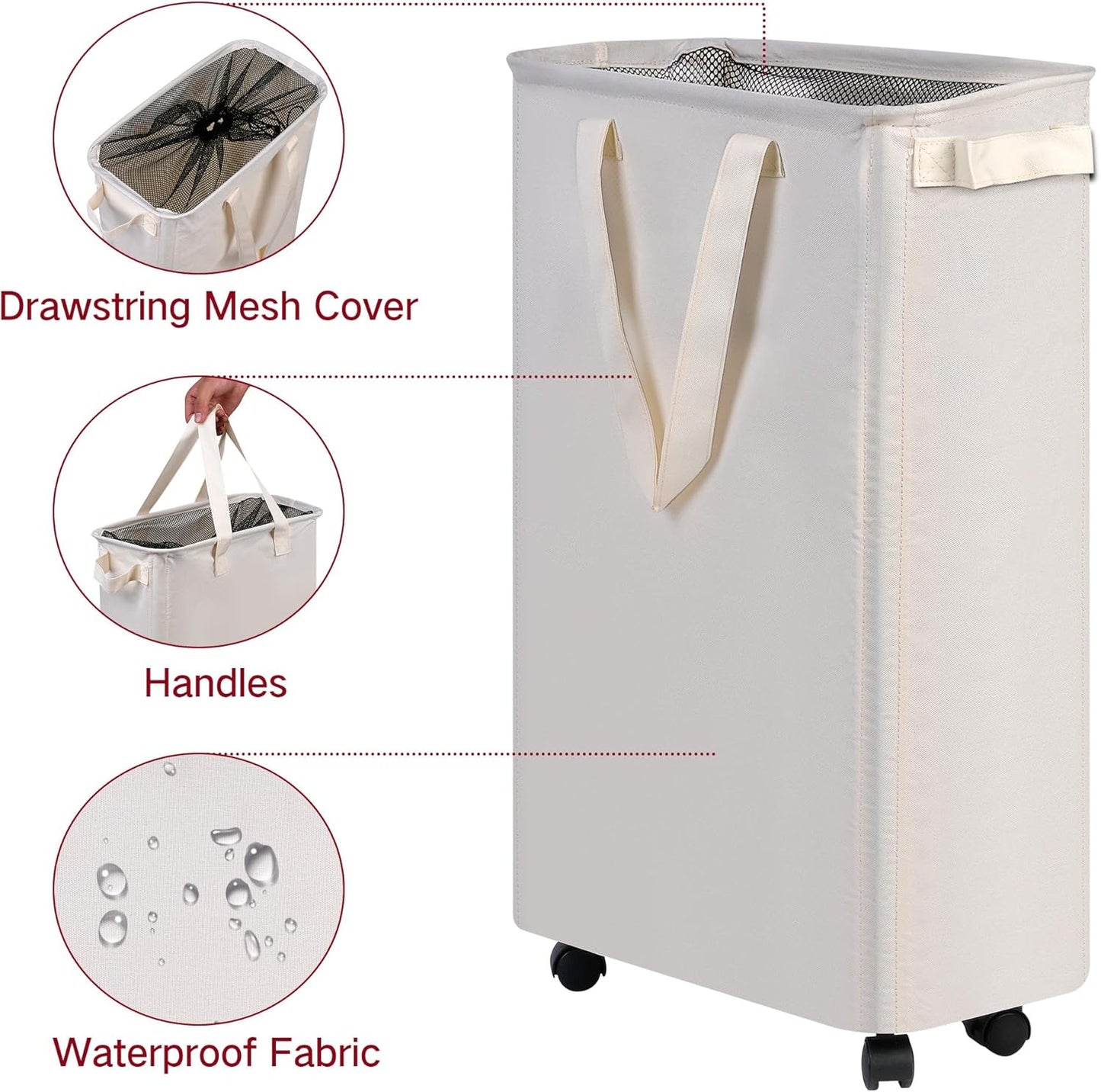 Slim Laundry Hamper with Wheels, Rolling Laundry Basket for Clothes, Small Laundry Basket for Bedroom, Dorm and Laundry Room, 60L (12.7 Gallons) Beige