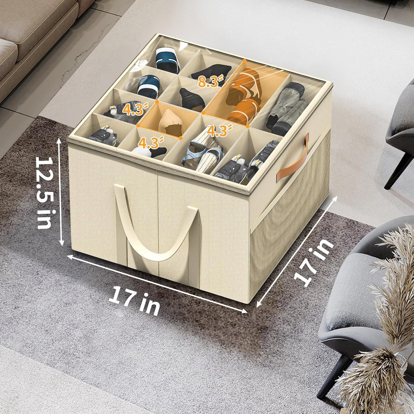 Shoe Storage Organizer for Closet, Large Shoe Box Storage Containers with Clear Cover and Reinforced Handles, Foldable Shoe Storage Organizer Box Bin, Fits to 12-16 Pairs, 2 Pack (Beige)