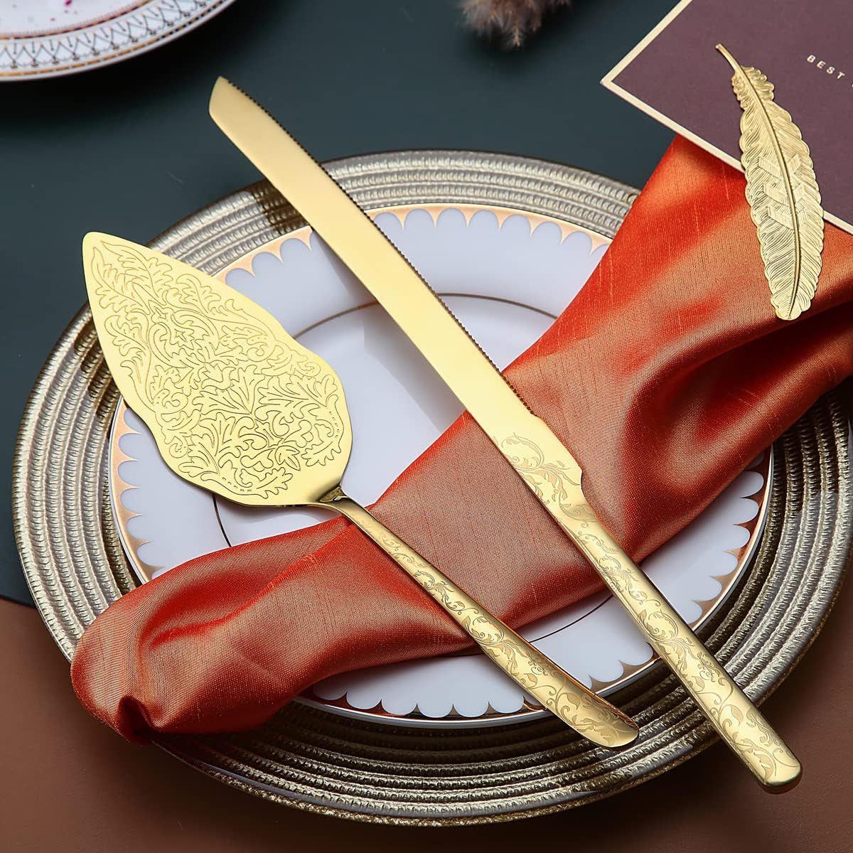 Gold Plated Wedding Cake Knife and Server Set with Unique Pattern Design - Ideal for Weddings, Birthdays, and Special Events - Dishwasher Safe