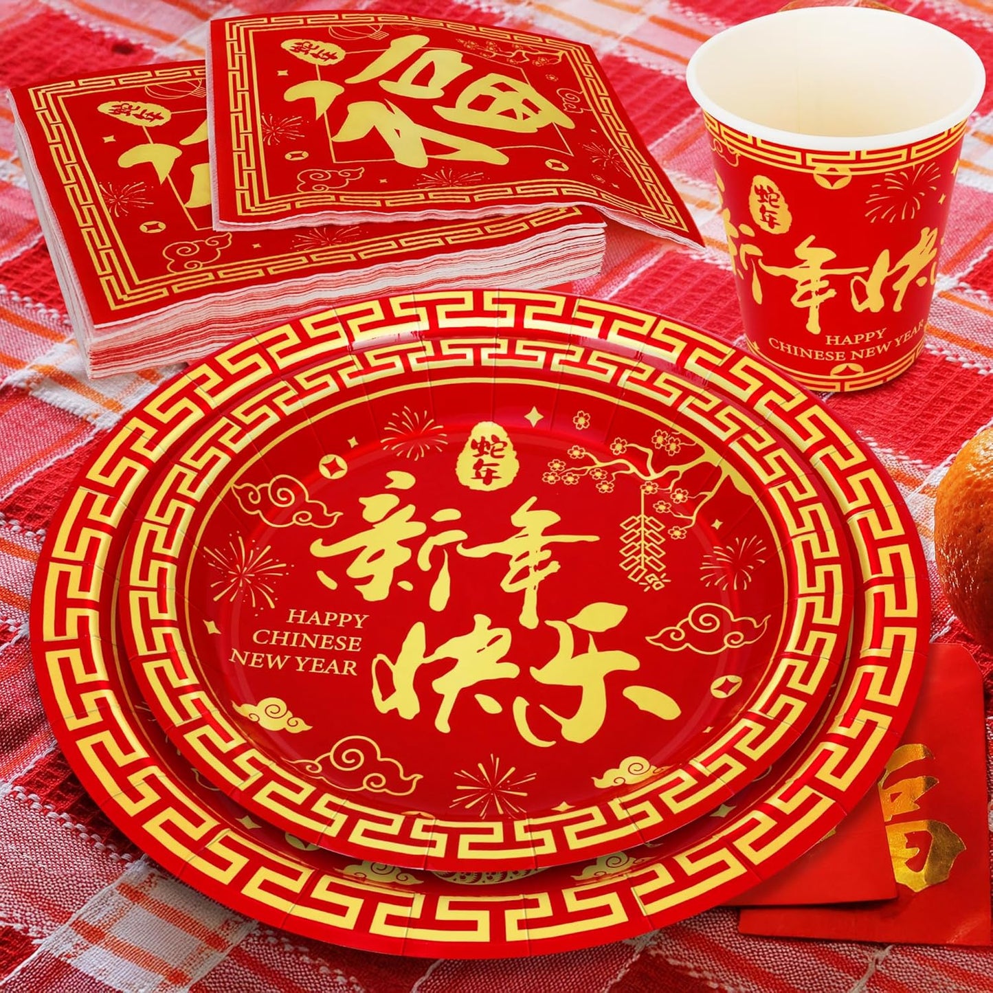 96 PCS Chinese New Year Decorations 2025, 24 SET Disposable Plates, Napkins, Cups & Paper Plates, Year of the Snake 2025 Lunar New Year Party Supplies