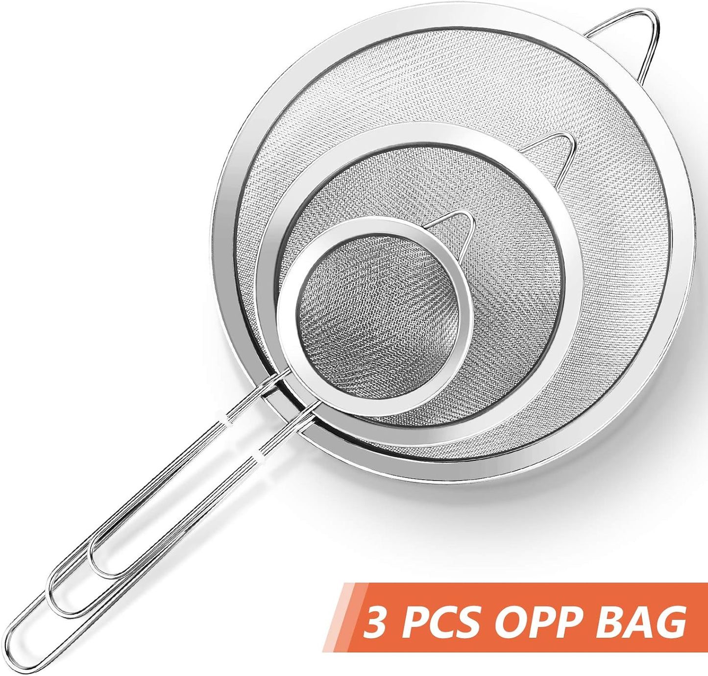 3Pcs Super Wire Extra Fine Mesh Strainer with Handle, Small Medium Large Size Sifter Metal Strainer Set, Stainless Steel Sieve Fine Mesh Strainers for Kitchen Rice Juice Quinoa Food Flour Baking