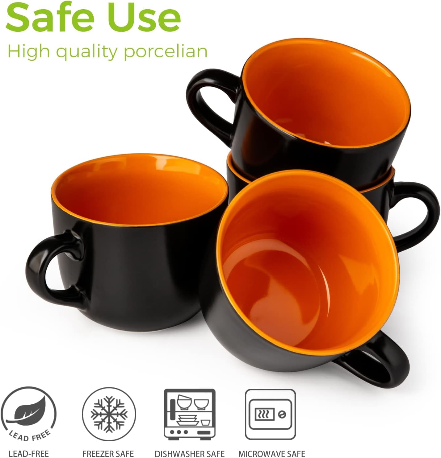 Set of 4 Jumbo Ceramic Soup Mugs with Handles, 24 Oz - Versatile Microwave and Dishwasher Safe Bowls for Coffee, Cereal, Snacks, Salad, and Noodles - Orange Interior