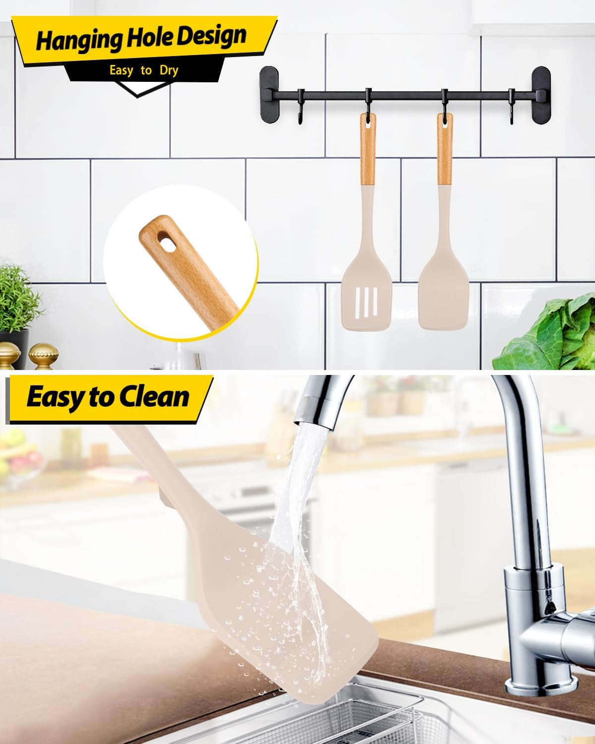 Pack of 2 Large Silicone Spatula, Heat Resistant Solid Turner, Non Stick Slotted Spatulas with Wooden Handle, Ideal Kitchen Utensils for Flipping, Pancakes, Eggs, Fish(Khaki)