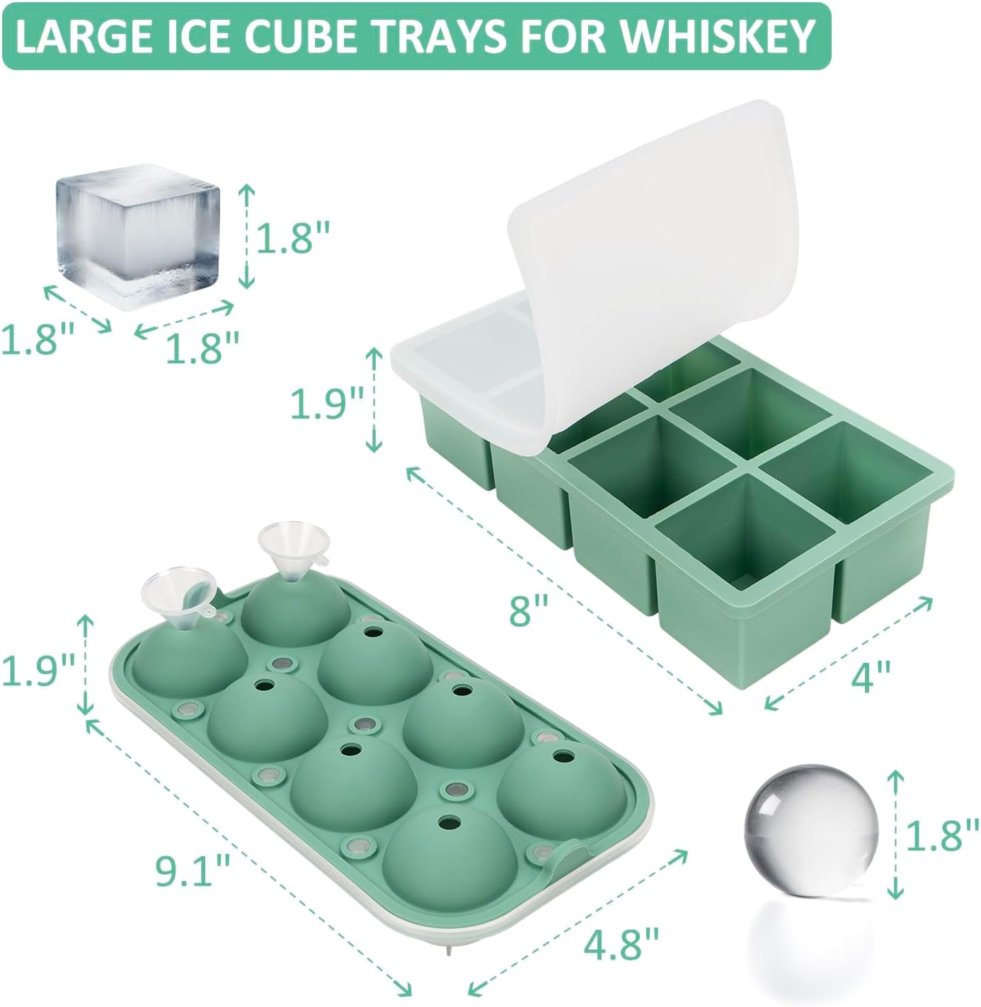 Silicone Ice Cube Tray with Lid, 3 Pack, 2 Large Ice Cube Molds, 1 Ice Ball Maker Mold 2Inch for Whiskey, Cocktail, Stackable and Easy Release, BPA Free, Freezer Dishwasher Safe, Mint Green