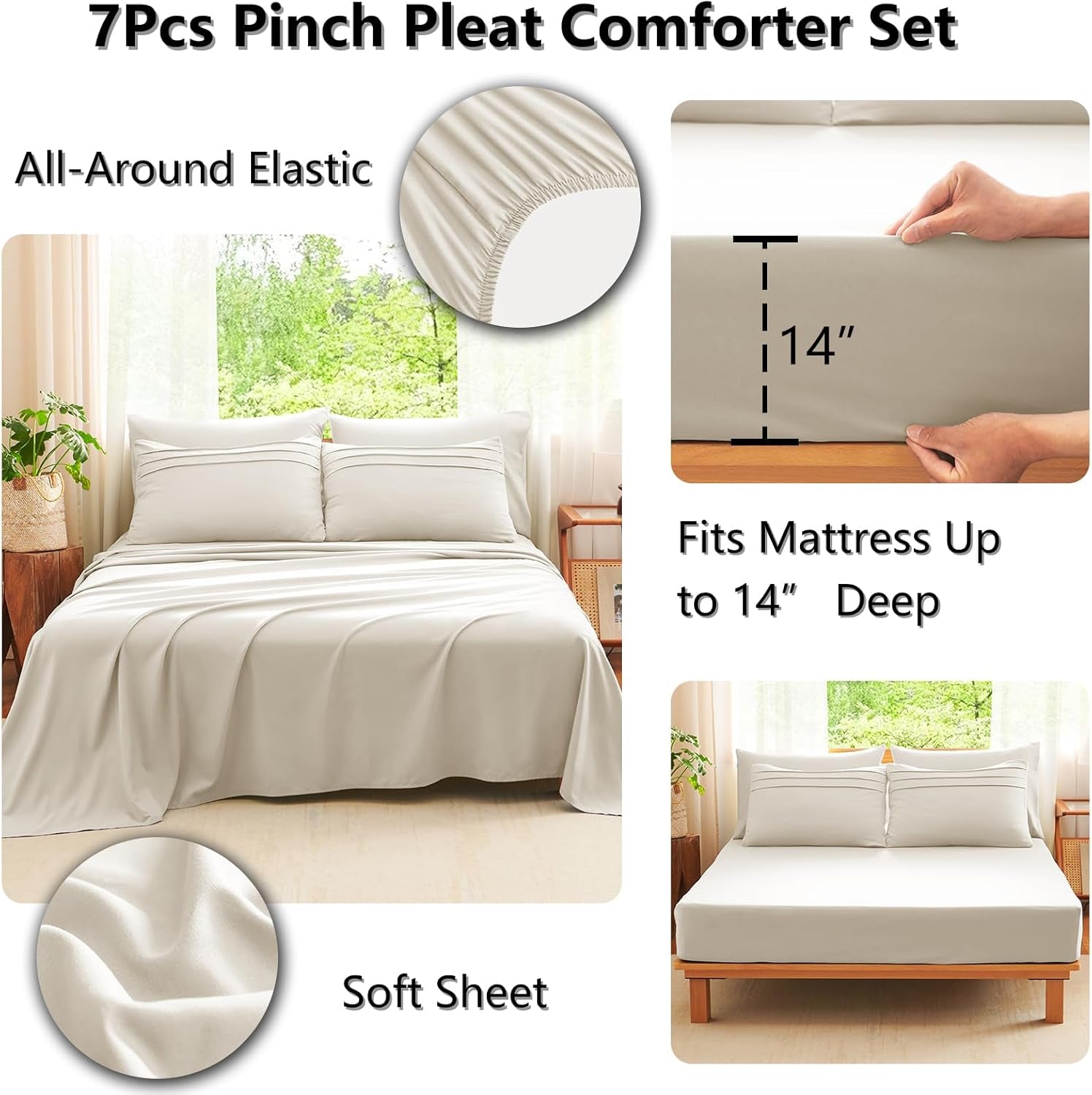 Queen Comforter Set Beige, 7 Pieces Soft Prewashed Pinch Pleat Bed in a Bag Queen Comforter Set with Sheets, Boho Bed Set with down Alternative Comforter, Sheets, Pillowcases & Shams