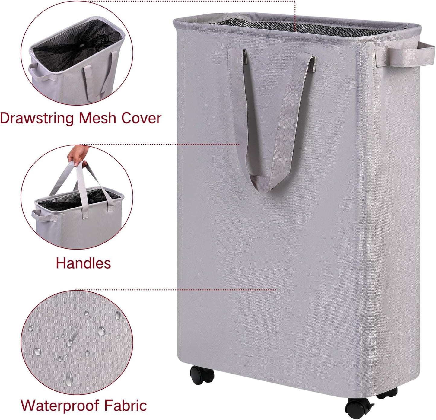 Slim Laundry Hamper with Wheels, Rolling Laundry Basket for Clothes, Small Laundry Basket for Bedroom, Dorm and Laundry Room, 60L (12.7 Gallons) Grey