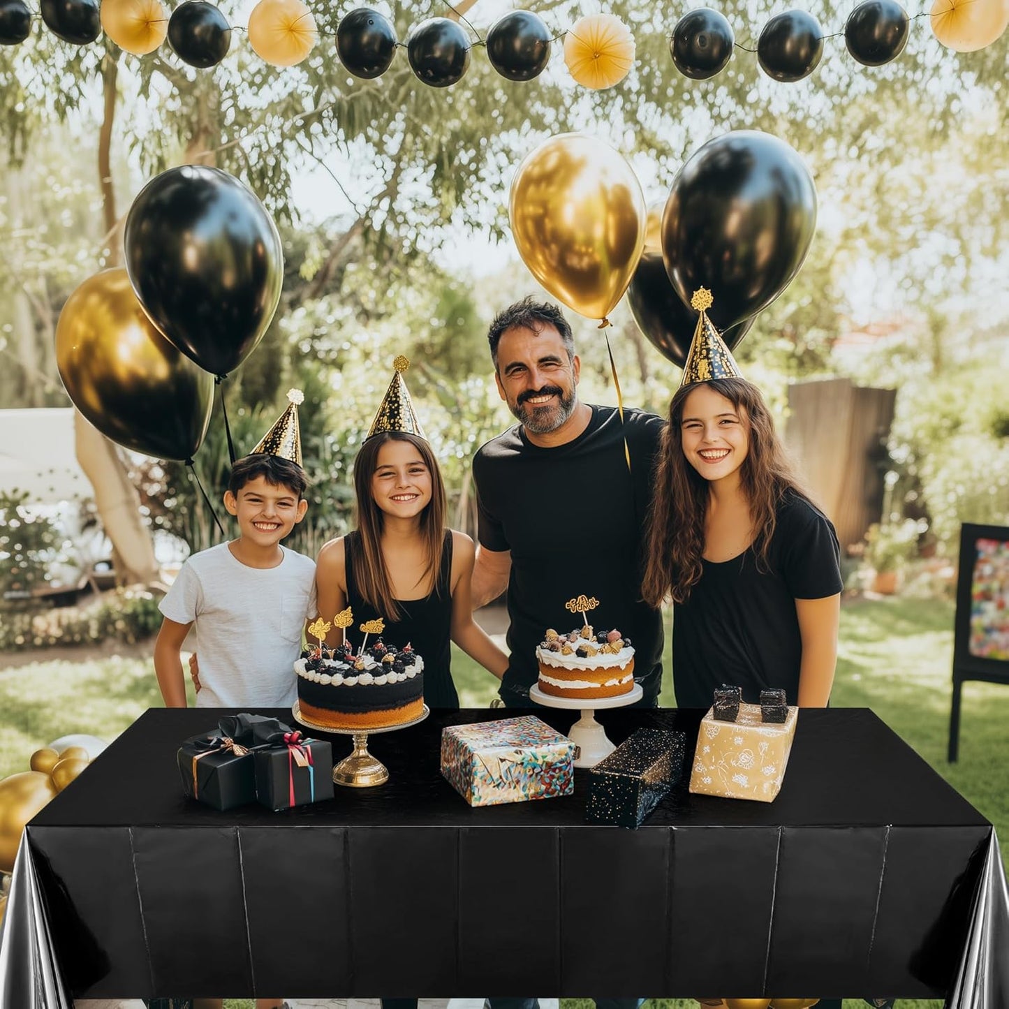 Black Foil Disposable Tablecloth - 54 x 72 Inches, Waterproof Plastic Cover for Birthday, Graduation, Halloween, and Anniversary Celebrations