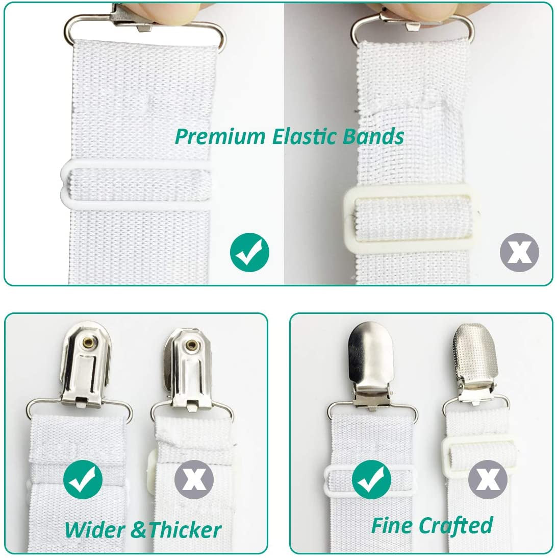 Bed Sheet Fasteners, Adjustable Mattress Suspenders, Mattress Cover Straps, Bed Corner Holder and Keepers and the Bed Sheet Grippers Clips (Triangle White Set of 4)