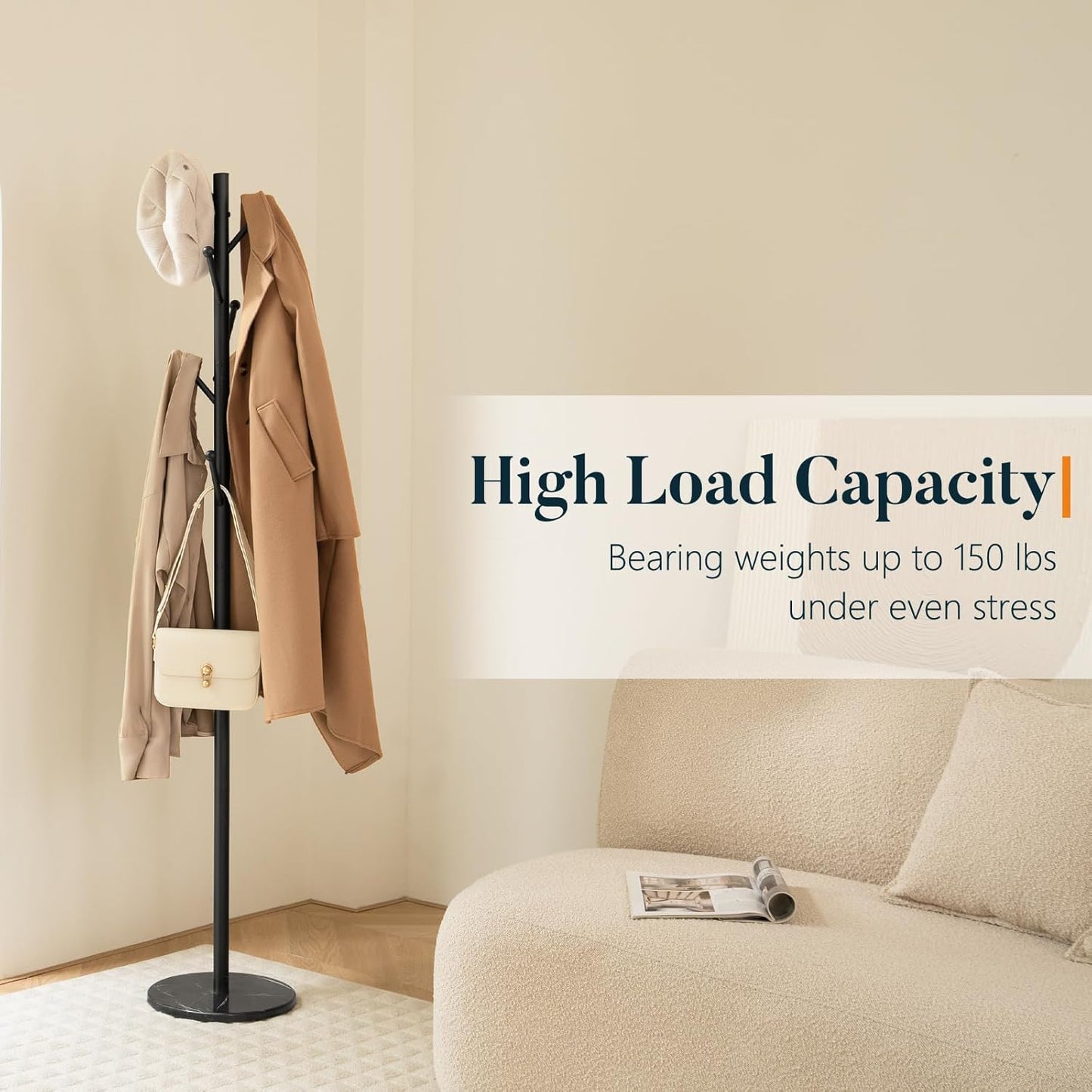 Coat Rack Freestanding with Natural Marble Base, Coat Tree with 8 Hooks Heavy Duty Coat Hanger Stand, Metal Coat Rack Stand for Jacket, Hat, Clothes & Bag, Hall Tree Hat Rack for Entryway