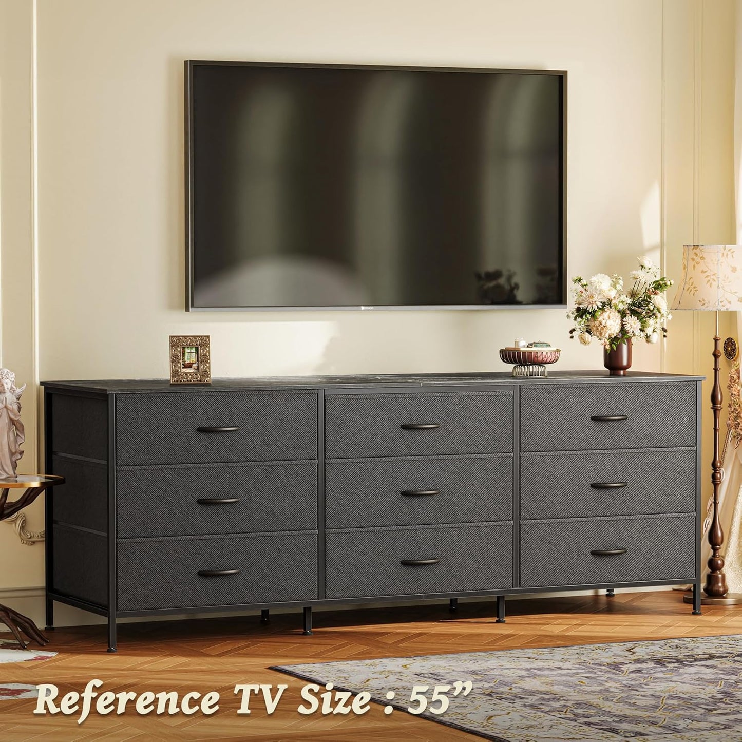 63-Inch Black Dresser and Entertainment Center with 9 Drawers, Suitable for 55 to 70 Inch TVs, Ideal for Bedroom and Closet Storage