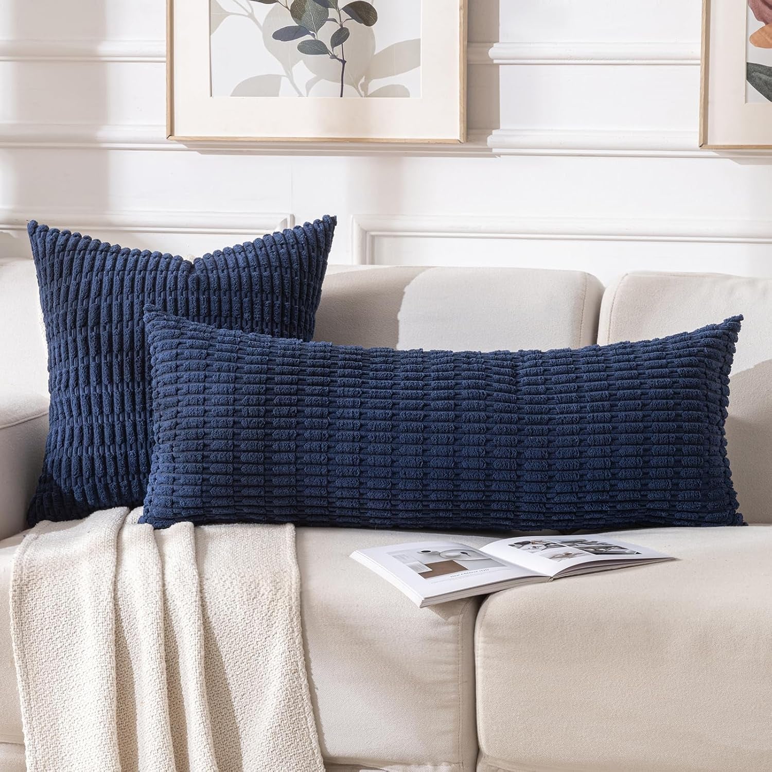 Navy Blue Long Body Lumbar Decorative Throw Pillow Covers 14X36 Inch for Bed Couch Bedroom Bench, Soft Corduroy Rectangle Solid Pillow Case, Rustic Farmhouse Boho Room Decor