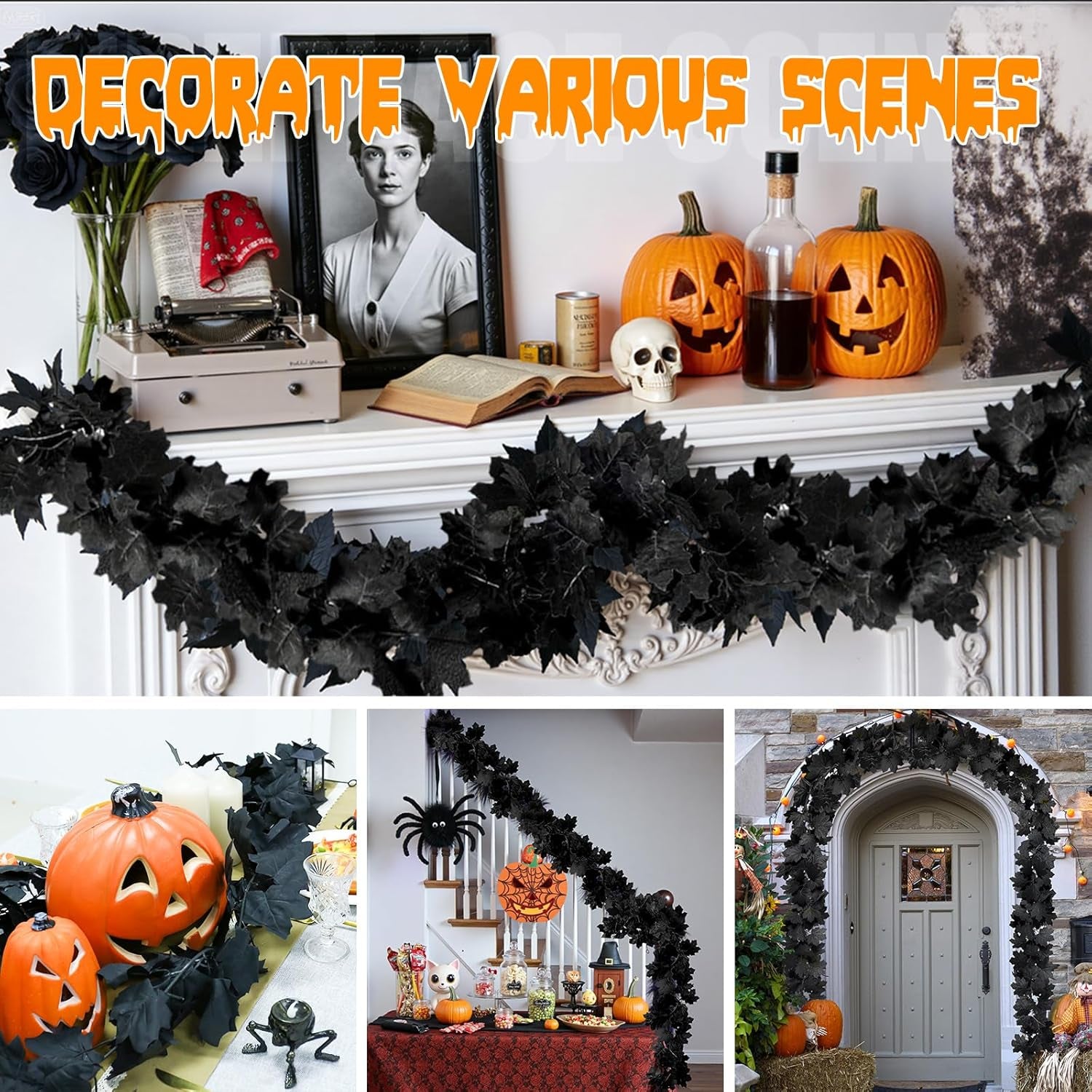 2 Pack Halloween Garland, 5.7FT Black Leaf Garland for Mantle, Artificial Hanging Black Maple Leaves Vines, Spooky Halloween Outdoor Floral, Haunted Mansion, Fireplace, Fall Decor
