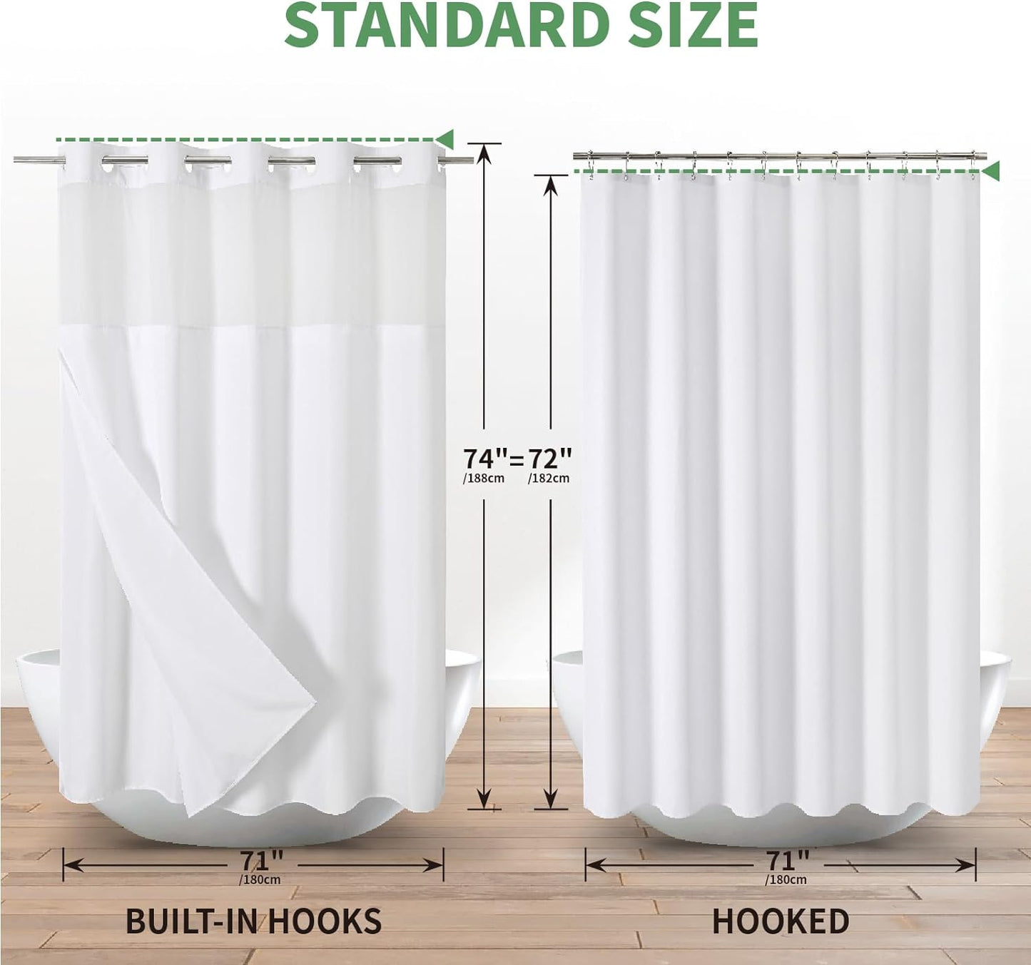 White No Hook Shower Curtain with Snap-In Fabric Liner Set,Slub Textured Fabric Shower Curtains for Bathroom,Hotel Style Modern Shower Curtain,Water Repellent & Washable,71X74(72)