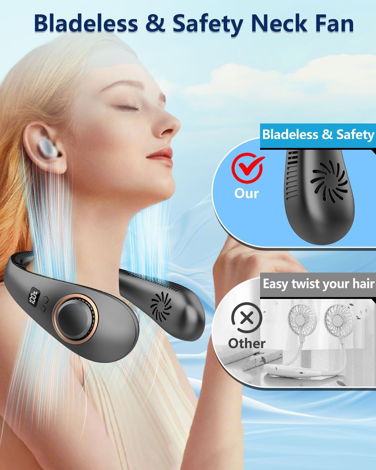 Neck Fan Rechargeable,Portable Neck Fan That Blow Cold Air Battery Operated,Folding Personal Fans Neck Hands Free,Bladeless Cooling Neck Fans Electric Wearable Necklace Fan for Travel Airplane Black