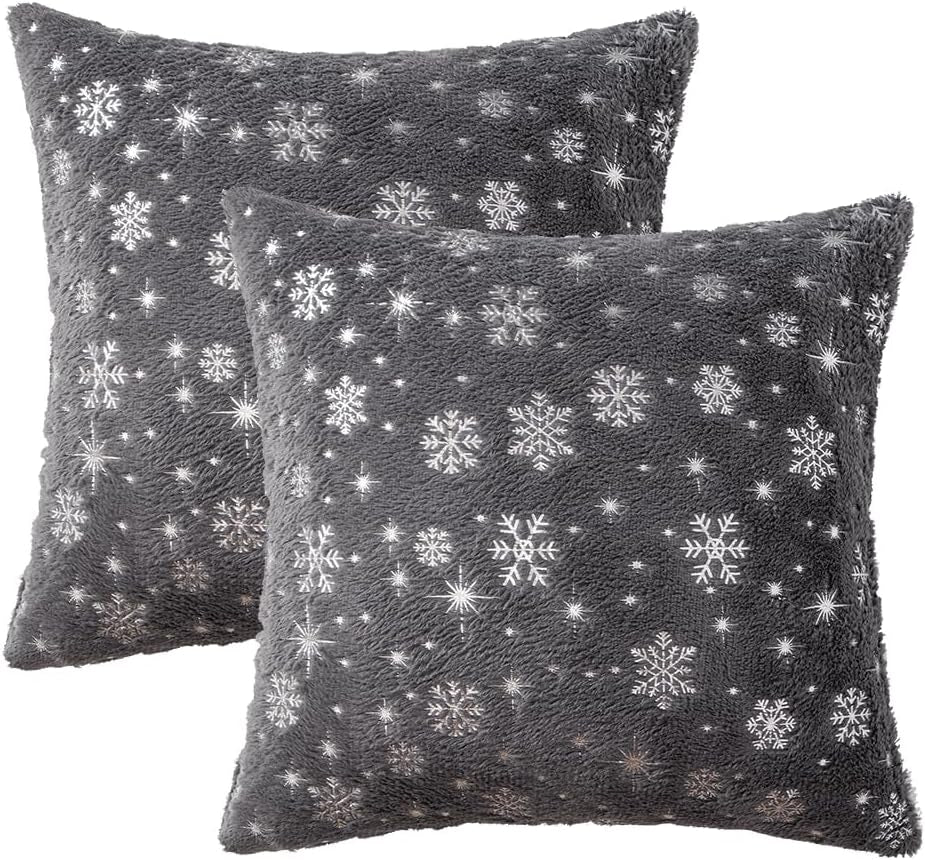 Set of 2 Christmas Decorative Throw Pillow Covers Soft Faux Fur Winter Pillow Covers with Silver Snowflake Glitter Holiday Festival Pillowcases for Couch Sofa Bed, 18×18Inch, Grey