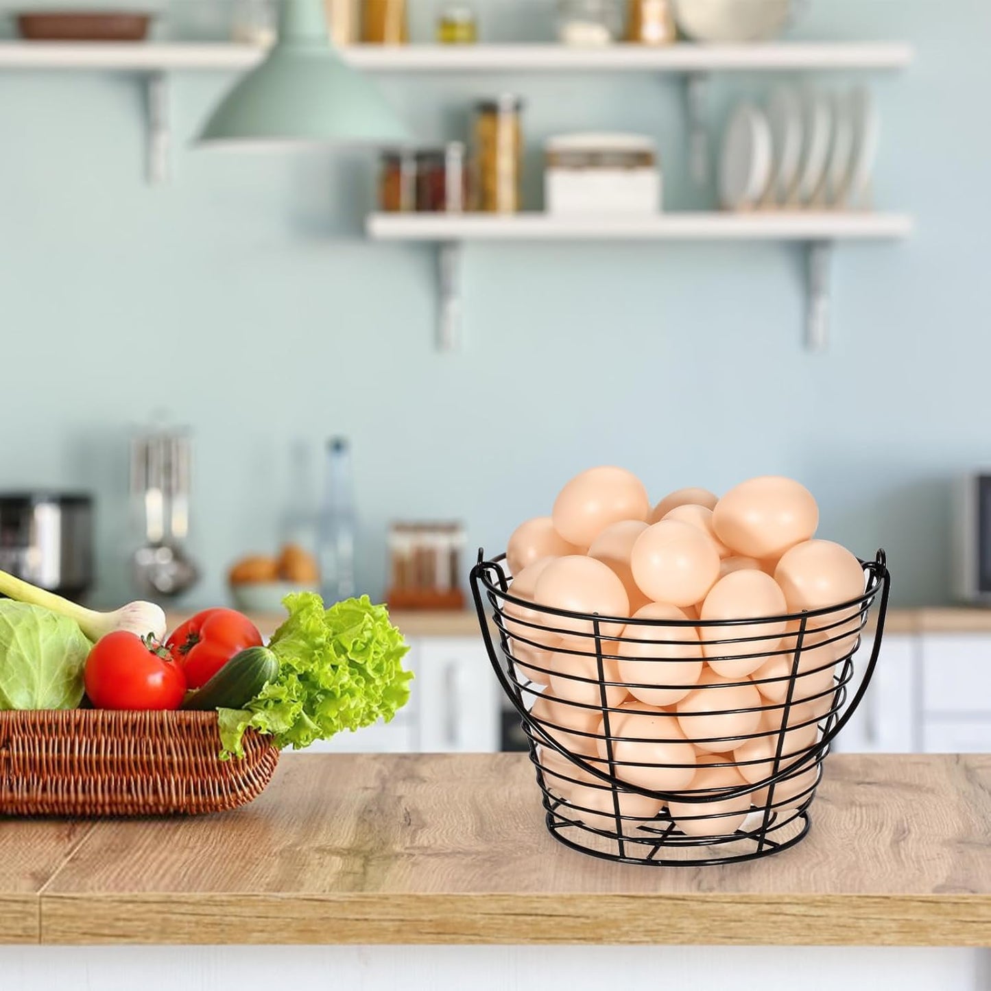 Set of 3 Black 8-Inch Round Wire Egg Baskets with Handle for Collecting Fresh Chicken and Duck Eggs, Ideal Countertop Storage Solution