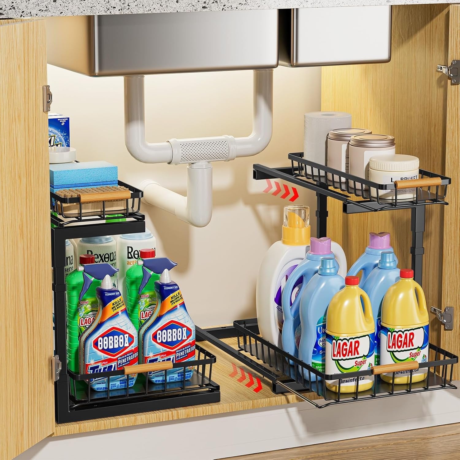 2 Pack under Sink Organizer and Storage, 2 Tier Pull Out Cabinet Organizer, Slide Out under Sink Storage Shelf, Undersink Organizers Shelves for Kitchen Bathroom Pantry Organization