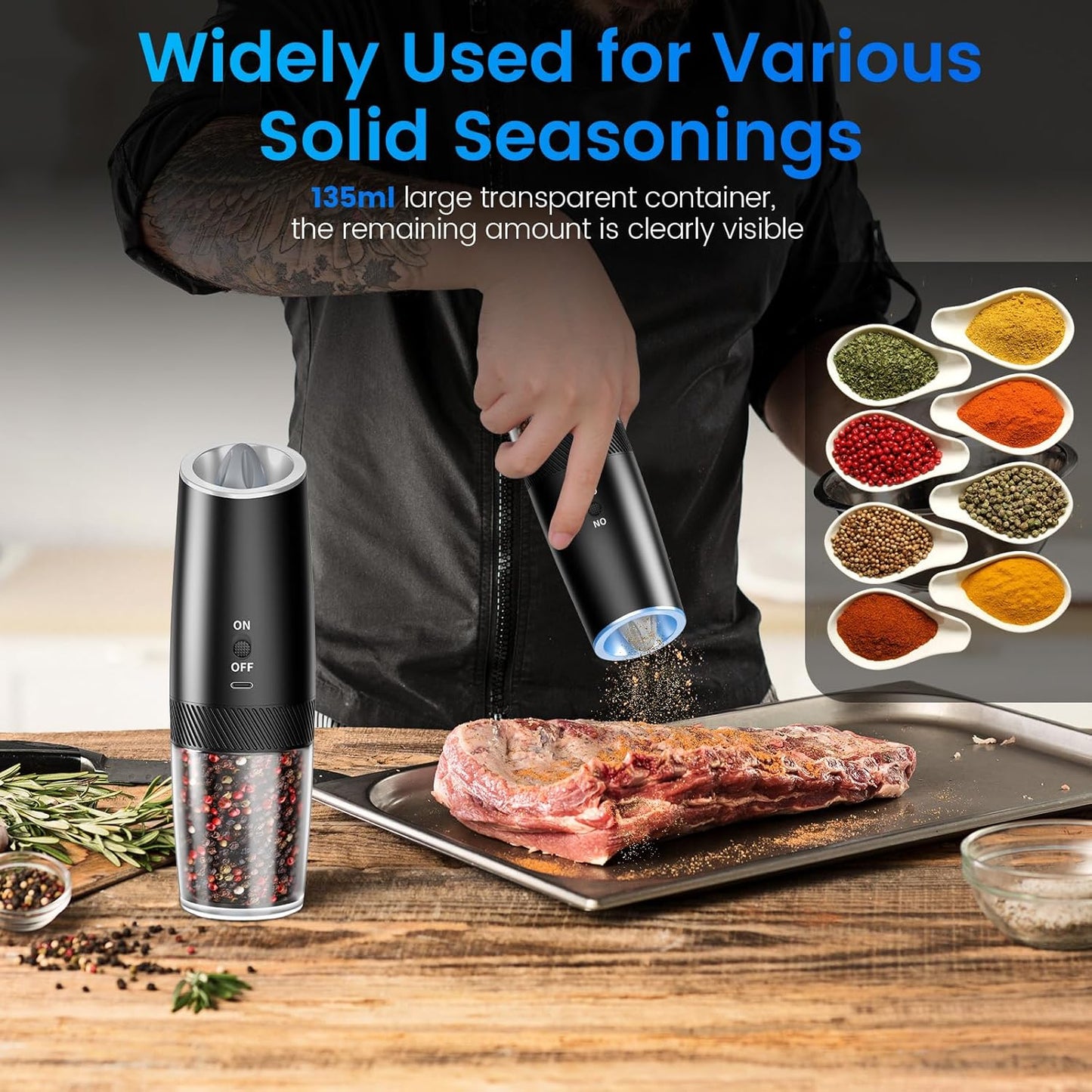 Rechargeable Electric Salt and Pepper Grinder Set with LED Light, Type-C Fast Charging, Adjustable Coarseness, Large Capacity for Kitchen, Restaurant, and Outdoor Use (2 Pack)