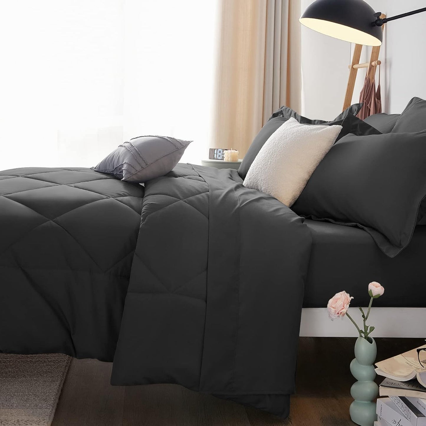 California King Comforter Set with 7 Pieces Bed in a Bag Dark Grey Cal King All Season Bedding with Comforter, Pillow Shams, Flat Sheet, Fitted Sheet and Pillowcases