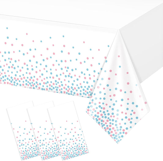 3Pack White and Pink Blue Plastic Tablecloth, White Disposable Table Cloth for Rectangle Tables, Pink Blue Stamping Dot White Tablecloth for Gender Reveal Baby Shower Birthday Party Supplies, 54"X108"