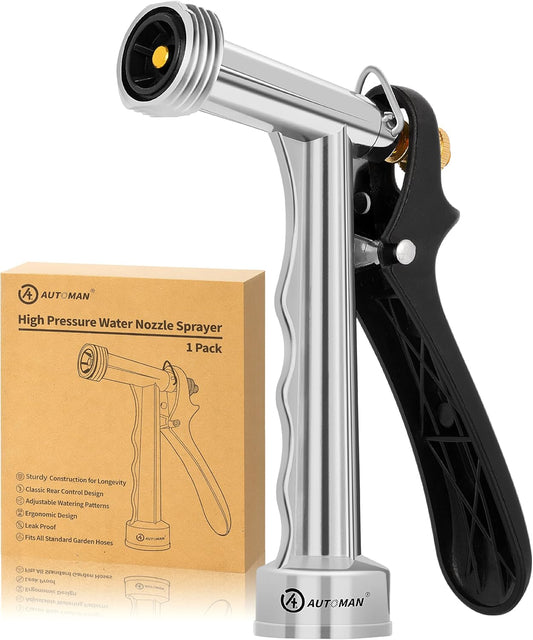 Garden Hose Nozzle, 1 Pack High Pressure Nozzle, Full Size Pistol Grip Water Sprayer with Threaded Front, Adjustable Spray Water Flow for Car Washing, Plants Watering, Pets Showering, Cleaning