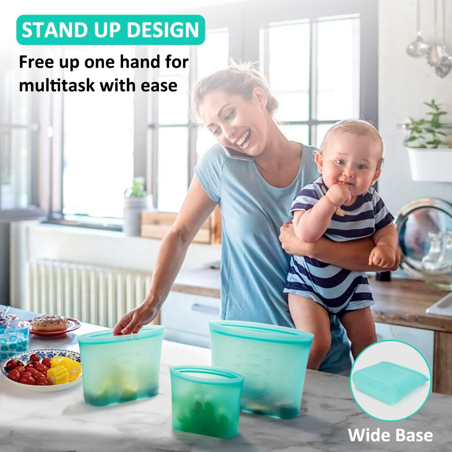 Reusable Food Bags, 12 Pack 100% Silicone Food Storage Bags Stand up Zip Lock Container, Freezer Microwave Oven Dishwasher Safe, 4 Medium 4 Small 4 Extra Small, Aqua