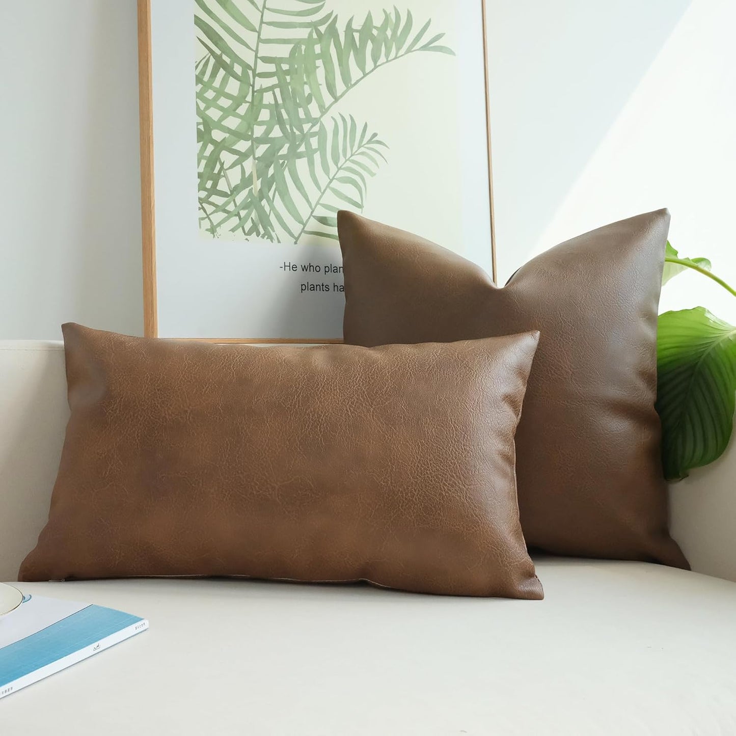 Modern Leather Throw Pillow Cover for Couch Sofa Bed 100% Faux Leather Dark Brown 12" X 20"