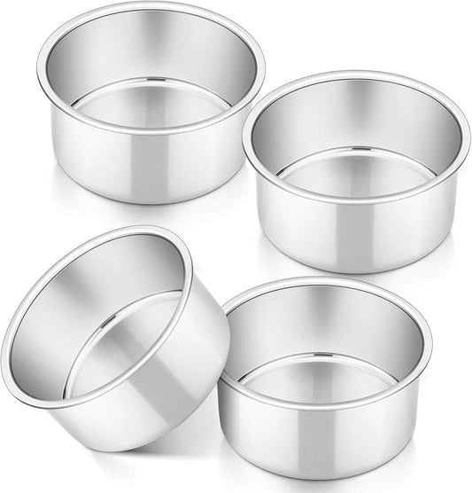 Cake Pan Set of 4, Stainless Steel Baking round Cake Pans Tins Bakeware for Birthday Wedding, Leak-Proof & Easy Clean, Mirror Finish & Easy Releasing, 4 Inch